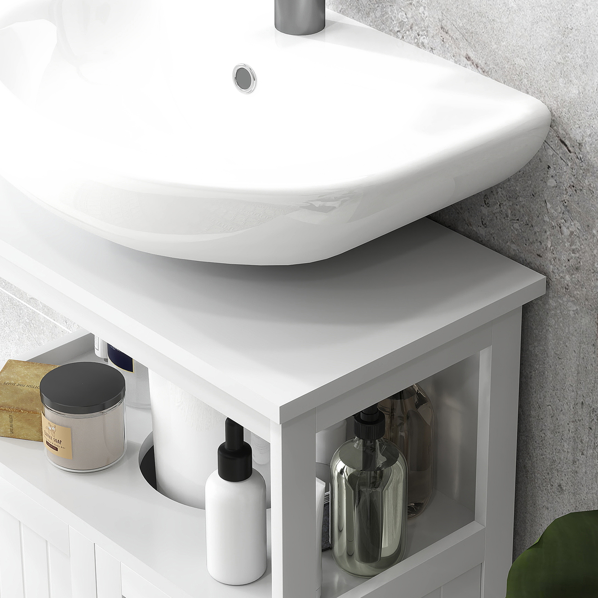 kleankin Pedestal Under Sink Cabinet with Double Doors, Modern Bathroom Vanity Storage Unit with Shelves, White 8