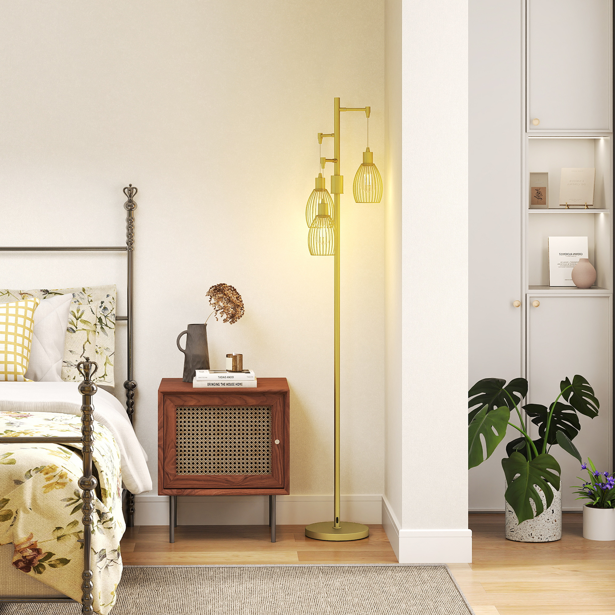 HOMCOM 3-Light Floor Lamp, 170cm Industrial Dimmable Standing Lamp with Steel Wire Cage Lampshades for Living Room, Bedroom, Dining Room, Study, Bulb Not Included, Gold Tone 9
