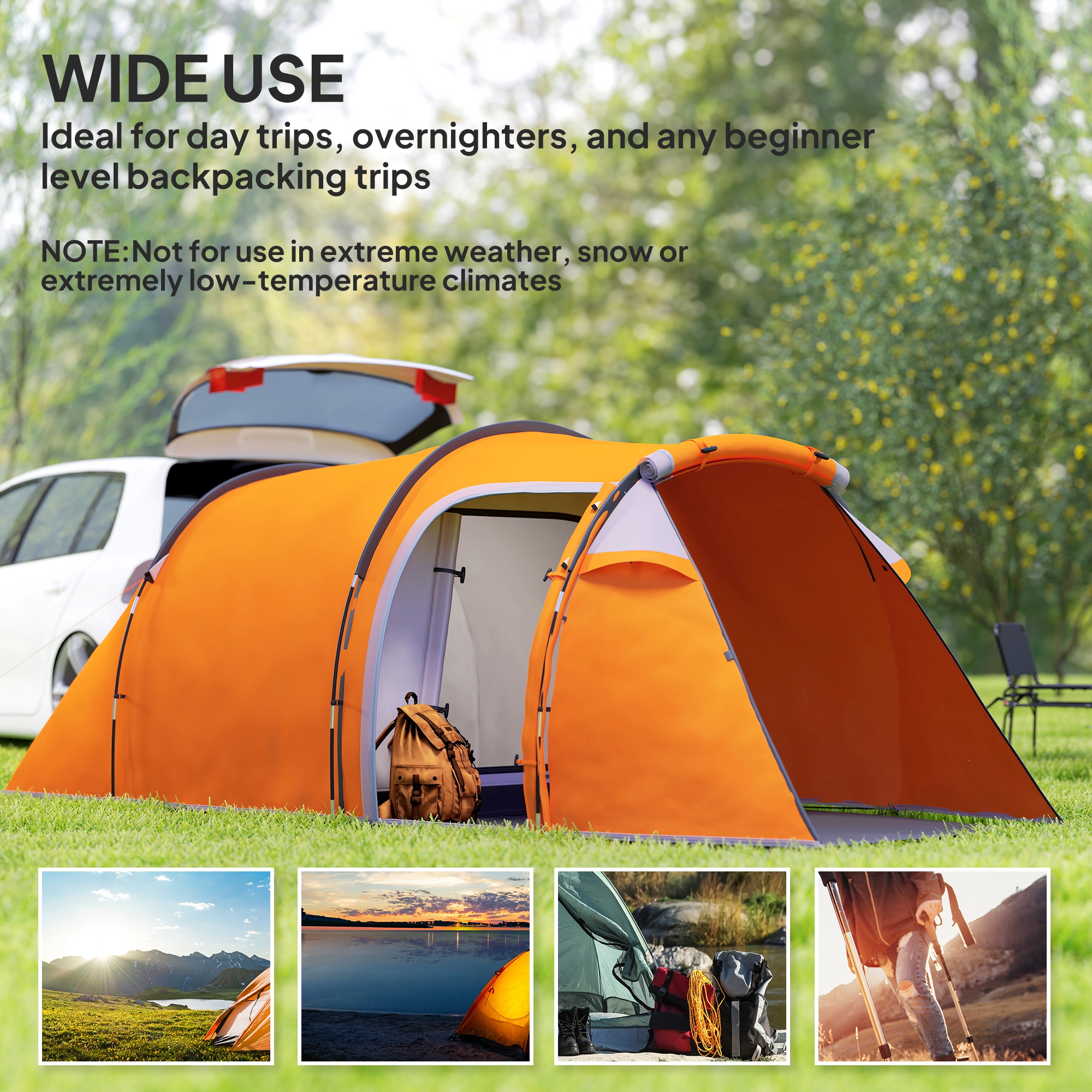 Outsunny 2-3 Man Tunnel Tents w/ Vestibule Camping Tent Porch Air Vents Weather-Resistant Shelter, Orange 7