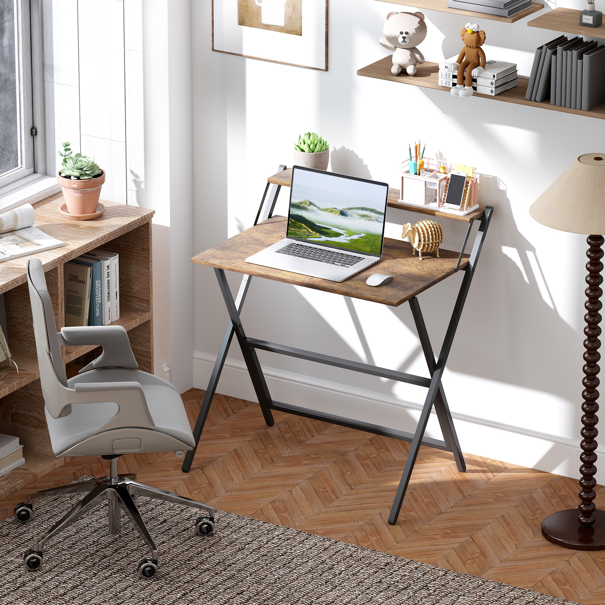 HOMCOM 81.5 cm Folding Computer Desk with Monitor Shelf Rustic Brown 2