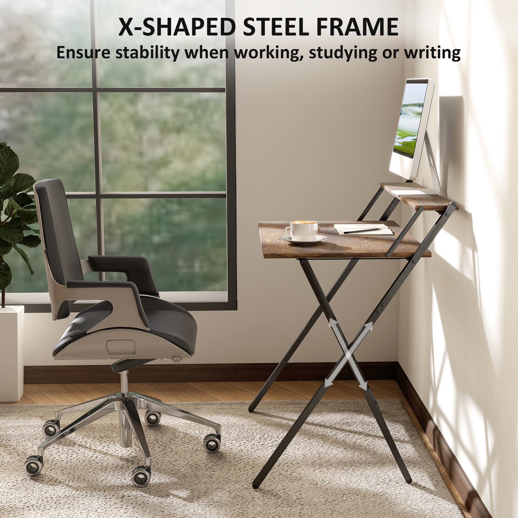 HOMCOM 81.5 cm Folding Computer Desk with Monitor Shelf Rustic Brown 6
