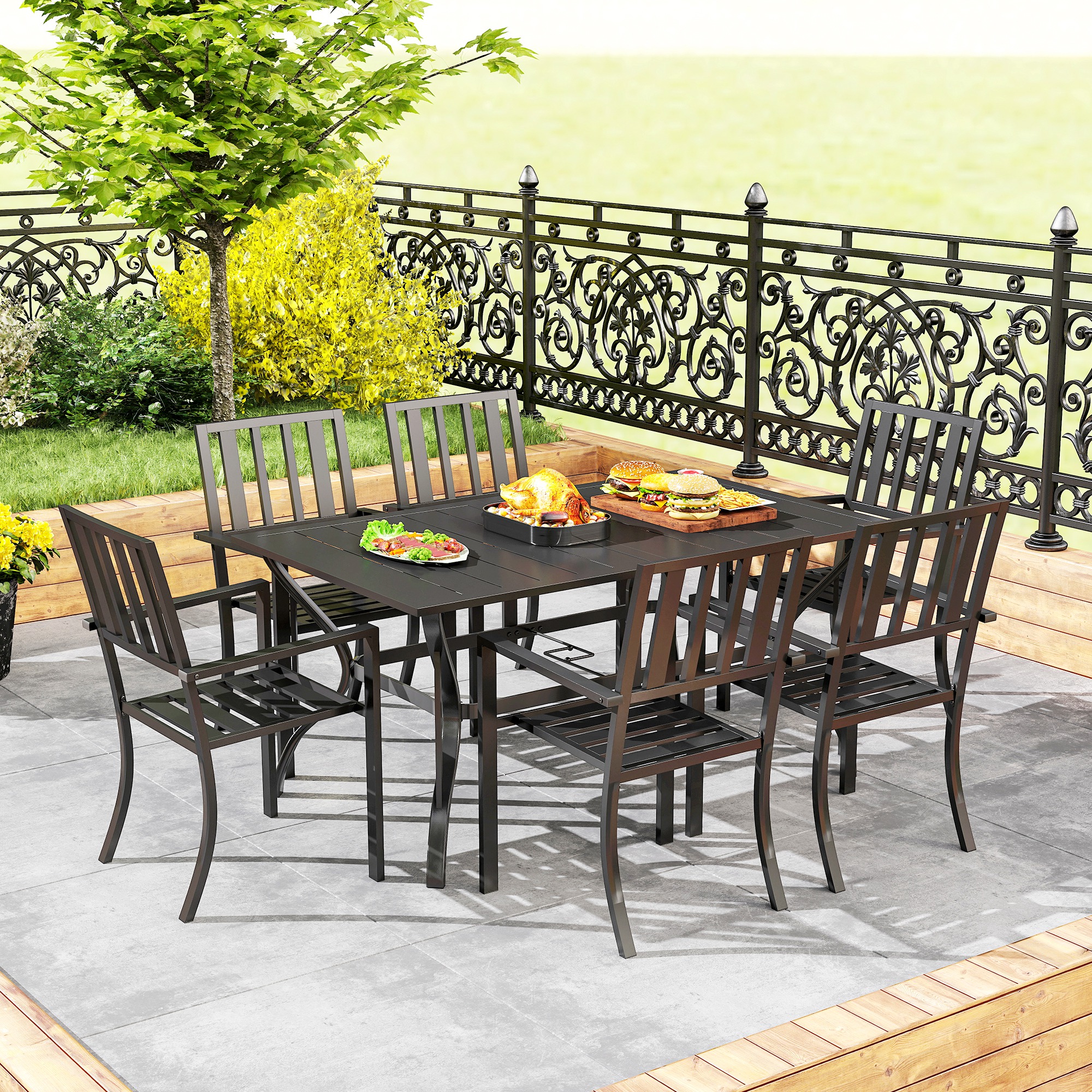 Outsunny 7 Pieces Garden Table and Chairs 6 Seater Outdoor Table and Chairs with Umbrella Hole, for Poolside, Garden, Black 7