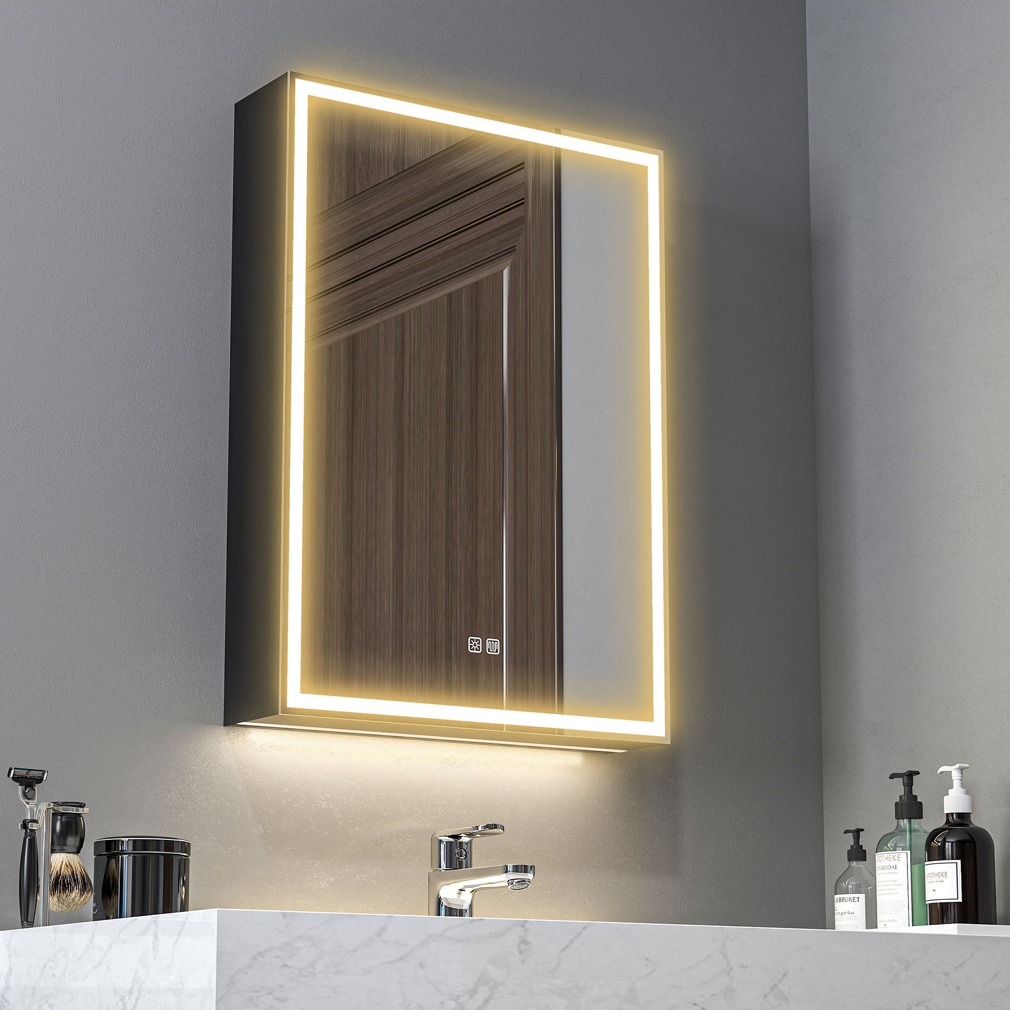 HOMCOM Bathroom Mirror Cabinet with LED Lights and Shaver Socket, 500 x 700 mm Wall Mounted Bathroom Cabinet with Mirror, Demister Pad, Dimmer, 3 Colours, Medicine Cabinet, Black