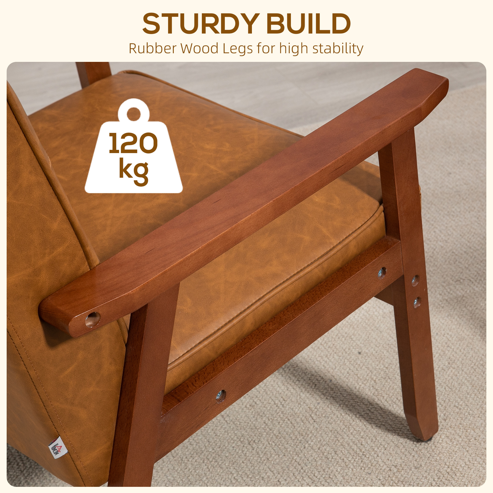 HOMCOM Retro-Style Accent Chair, with Faux Leather Seat Brown 6