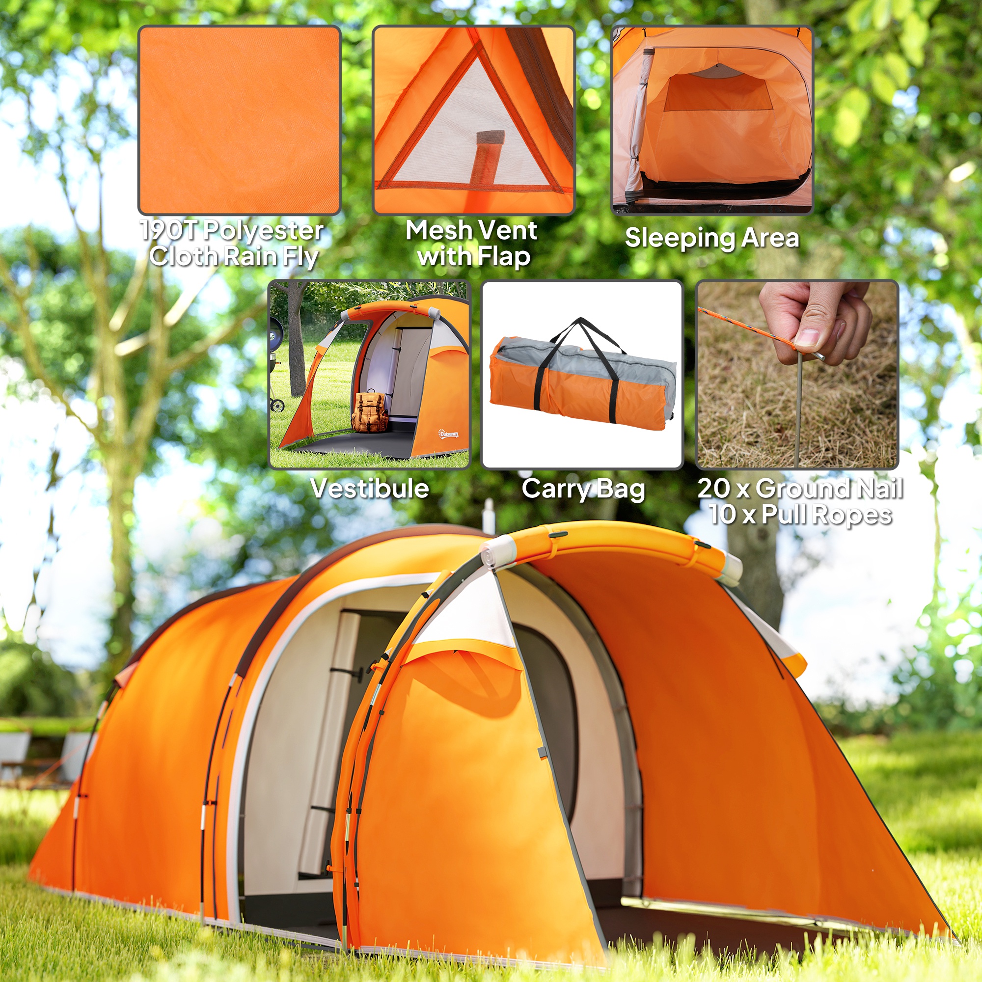 Outsunny 2-3 Man Tunnel Tents w/ Vestibule Camping Tent Porch Air Vents Weather-Resistant Shelter, Orange 4