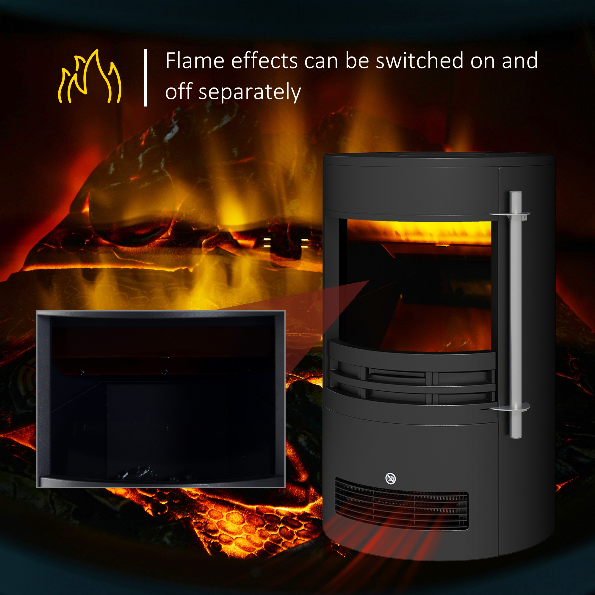 HOMCOM 1000W/2000W Freestanding Electric Fireplace, Indoor Heater Fire Stove with Log Burner Effect Flame, Thermostat Control 4