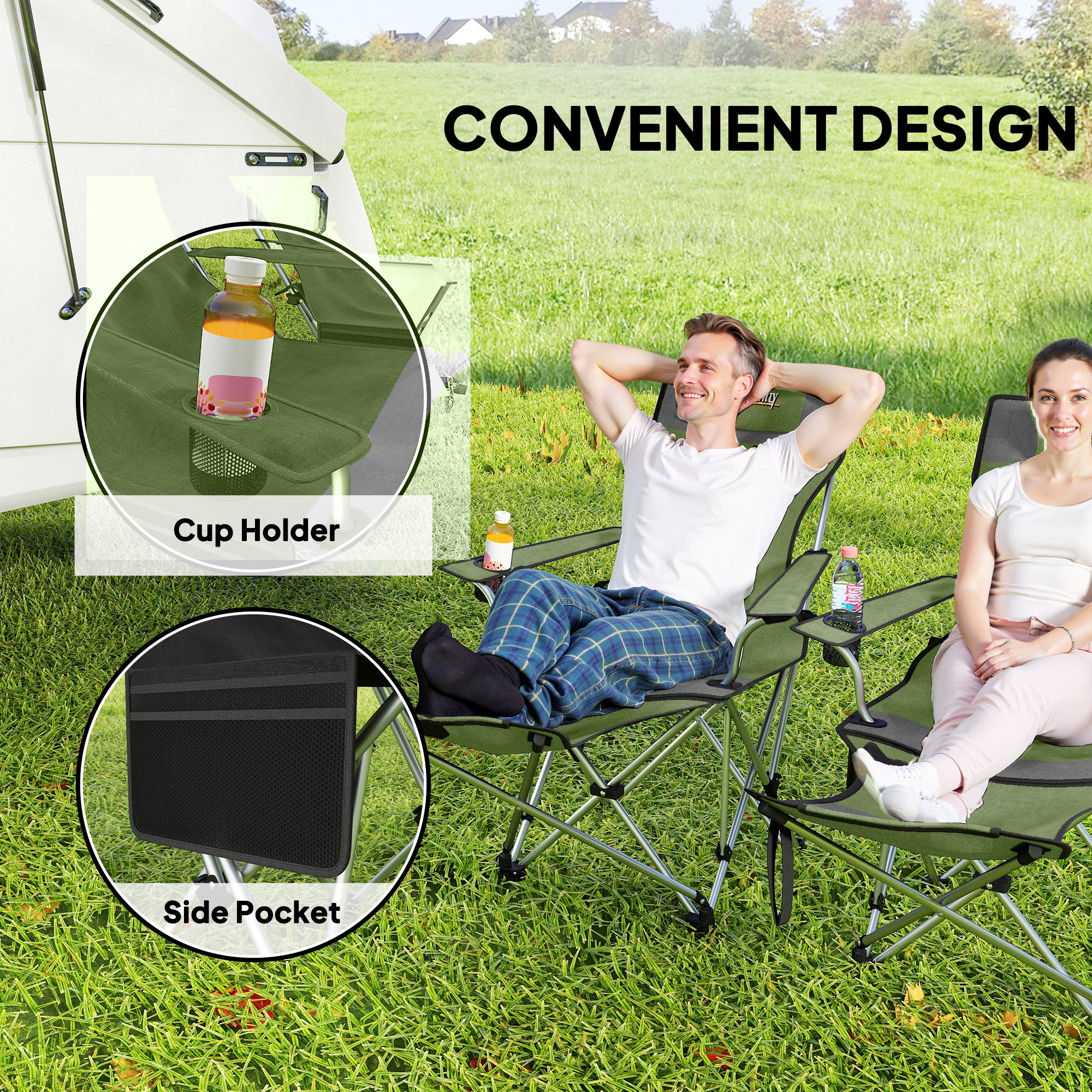 Outsunny Set of 2 Reclining Folding Camping Chair w/ Detachable Footrest, Storage Bag, Cup Holder & Headrest, Lightweight Portable Camp Chair for Beach, Picnic, Olive Green and Grey 5