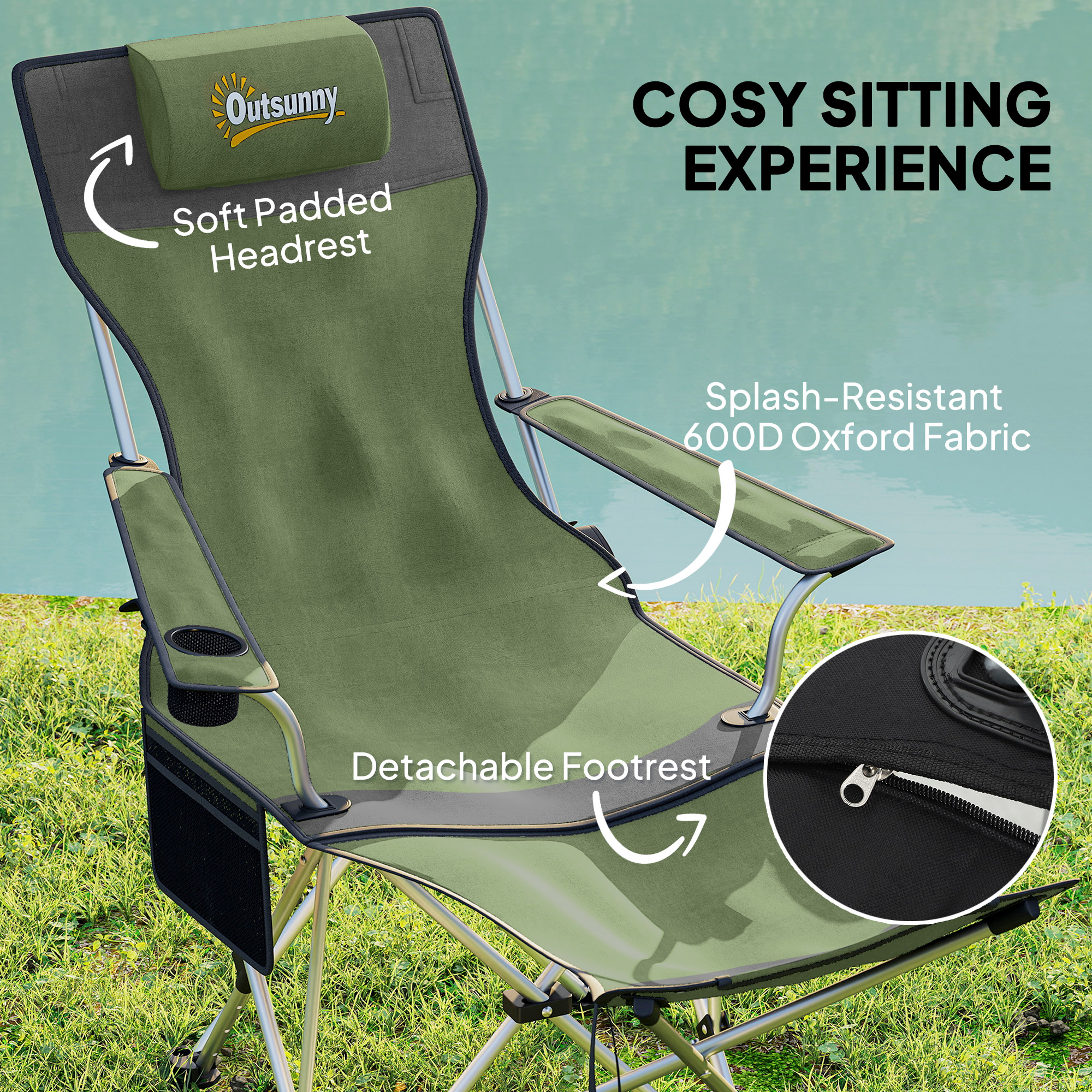 Outsunny Set of 2 Reclining Folding Camping Chair w/ Detachable Footrest, Storage Bag, Cup Holder & Headrest, Lightweight Portable Camp Chair for Beach, Picnic, Olive Green and Grey 4