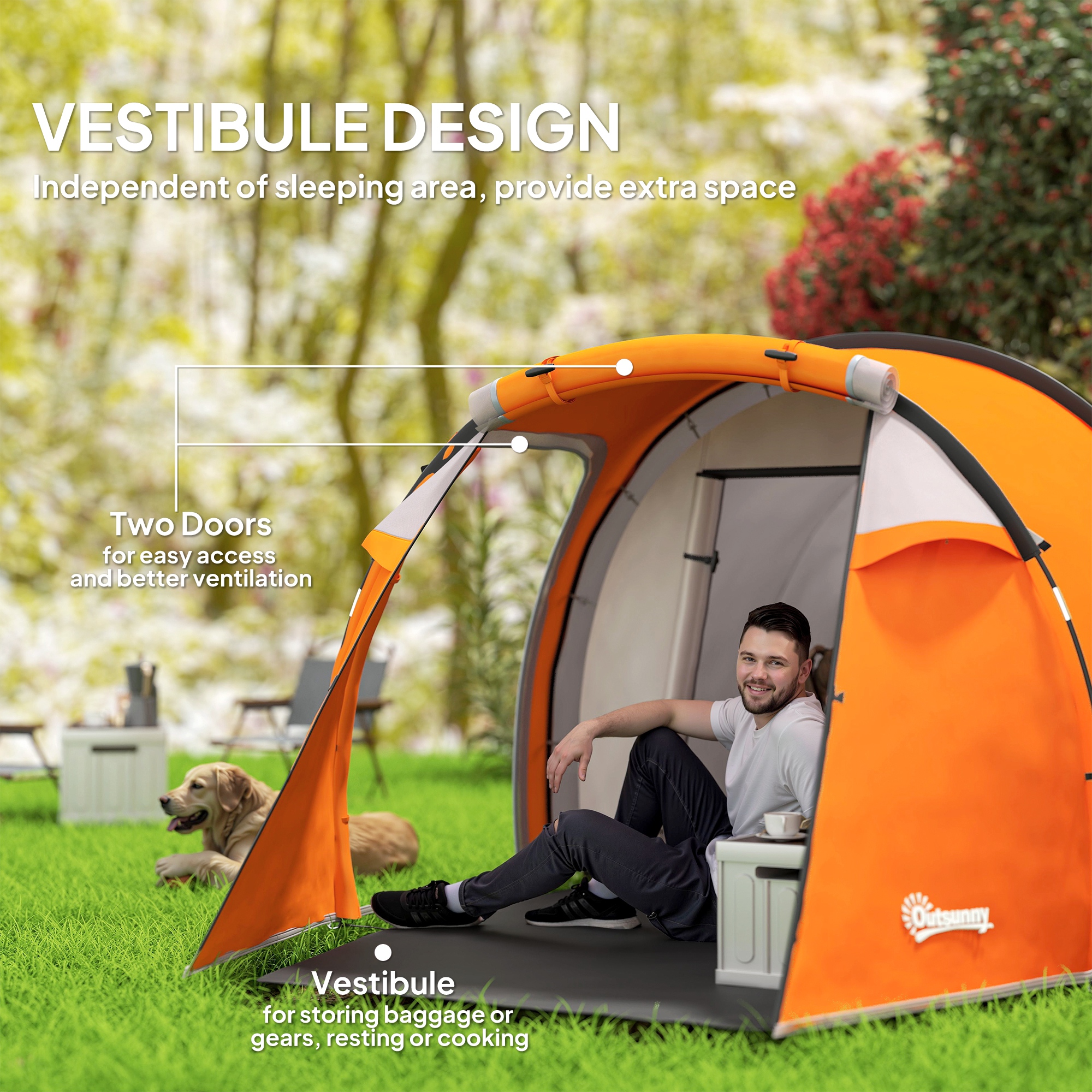 Outsunny 2-3 Man Tunnel Tents w/ Vestibule Camping Tent Porch Air Vents Weather-Resistant Shelter, Orange 5