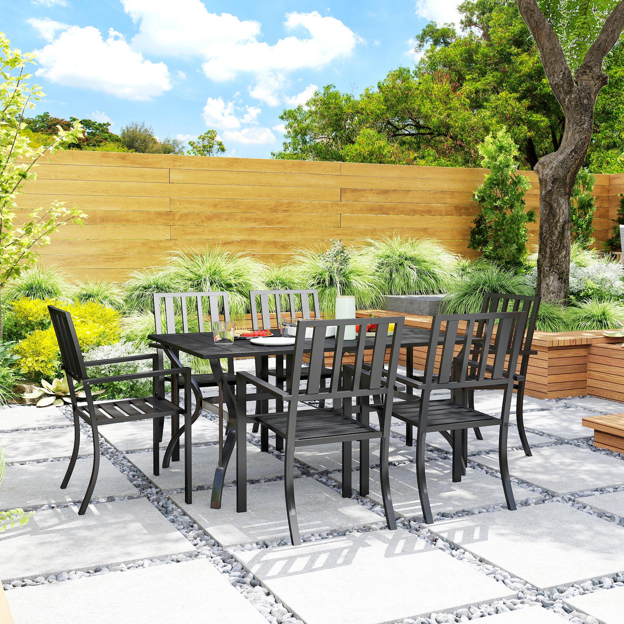 Outsunny 7 Pieces Garden Table and Chairs 6 Seater Outdoor Table and Chairs with Umbrella Hole, for Poolside, Garden, Black 9