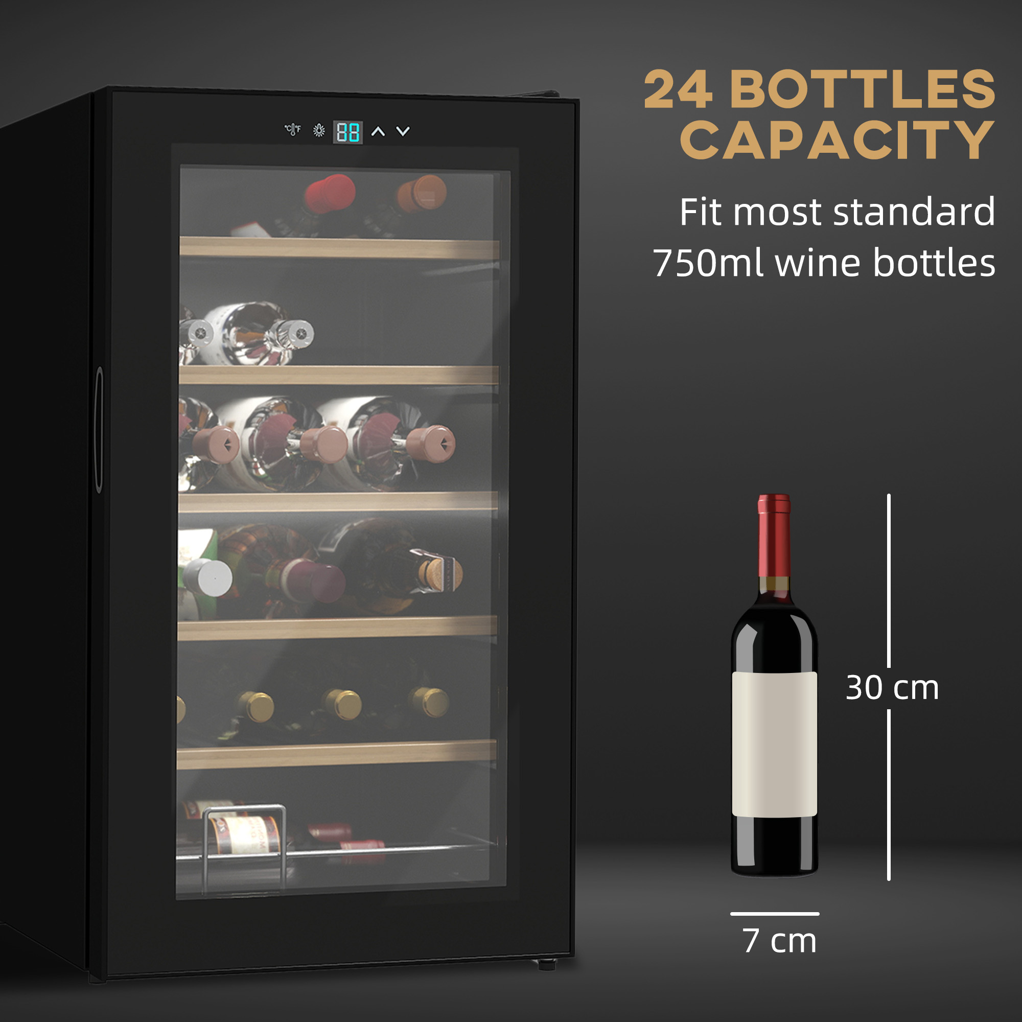 HOMCOM 24 Bottle Wine Fridge, 65 Litre Capacity, 43cm Freestanding Wine Cooler Fridge with Glass Door, LED Light, Digital Touch Screen, Temperature Control, Black 7