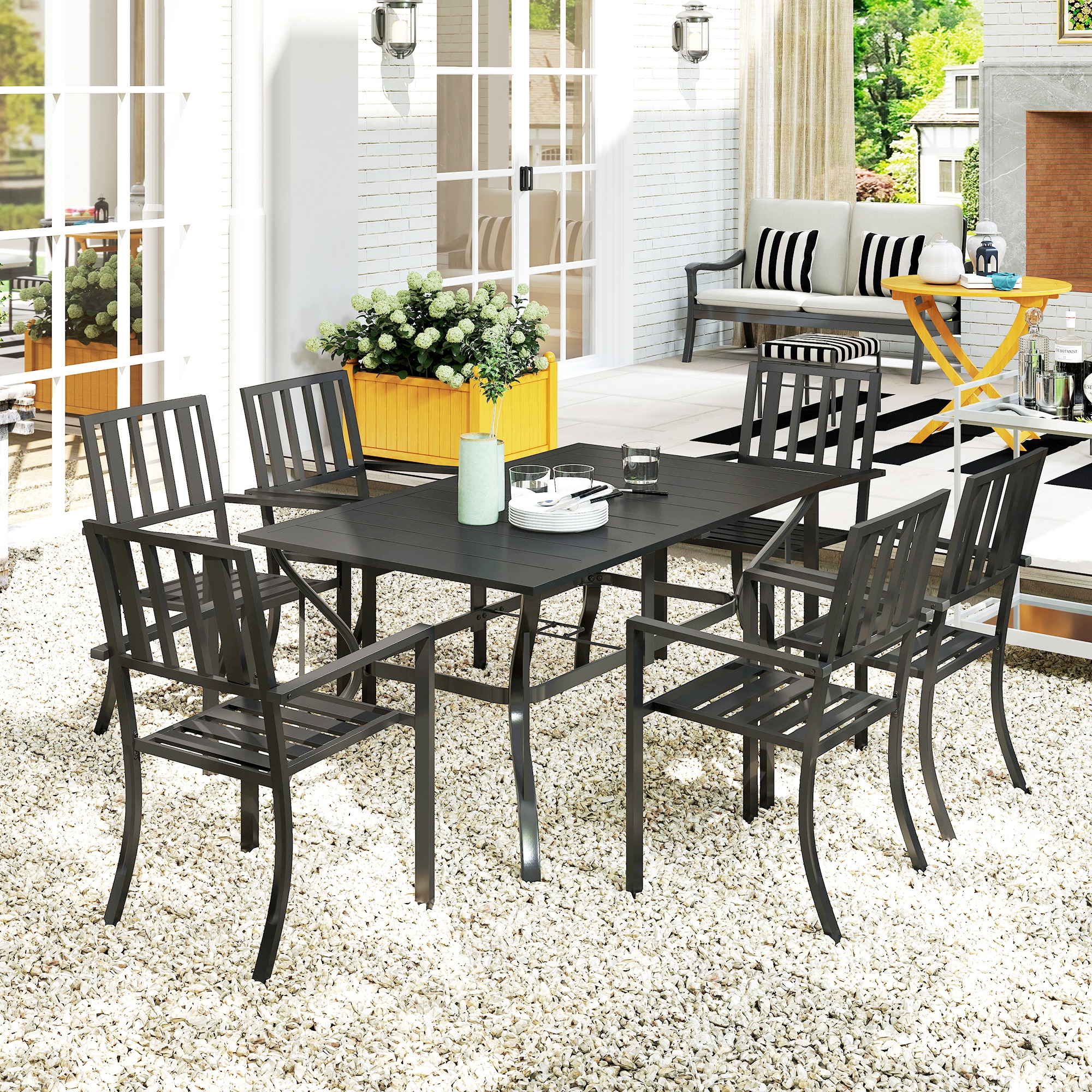Outsunny 7 Pieces Garden Table and Chairs 6 Seater Outdoor Table and Chairs with Umbrella Hole, for Poolside, Garden, Black 8
