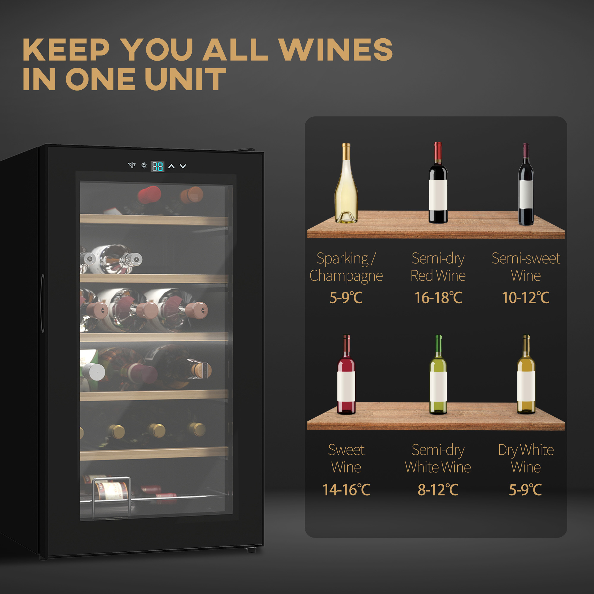 HOMCOM 24 Bottle Wine Fridge, 65 Litre Capacity, 43cm Freestanding Wine Cooler Fridge with Glass Door, LED Light, Digital Touch Screen, Temperature Control, Black 4