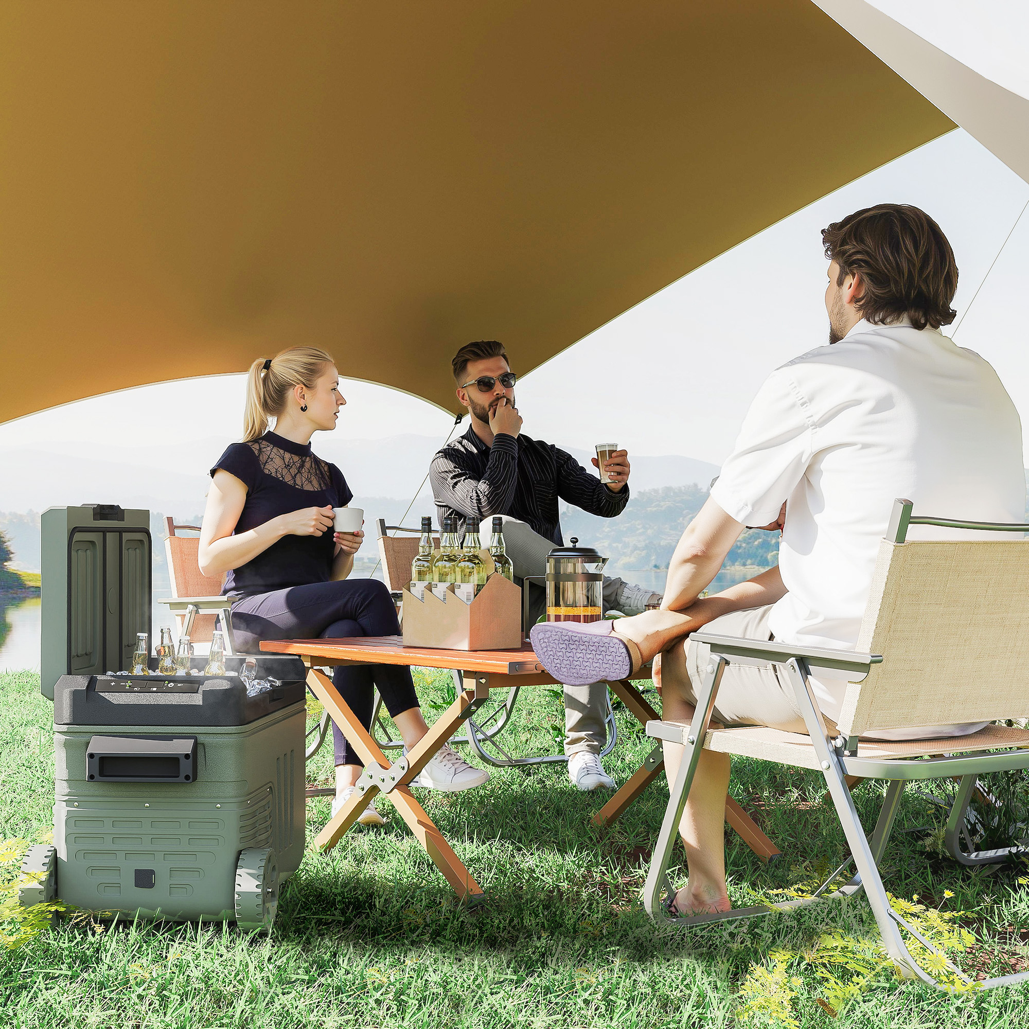 Outsunny 16L Portable Car Fridge, -20℃ to 10℃ Adjustable Temperature - Khaki/Grey