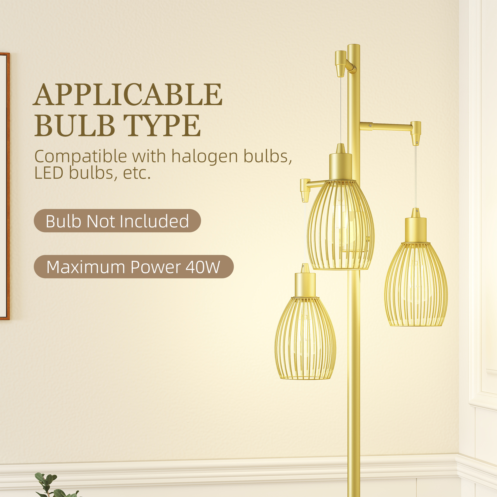 HOMCOM 3-Light Floor Lamp, 170cm Industrial Dimmable Standing Lamp with Steel Wire Cage Lampshades for Living Room, Bedroom, Dining Room, Study, Bulb Not Included, Gold Tone 7