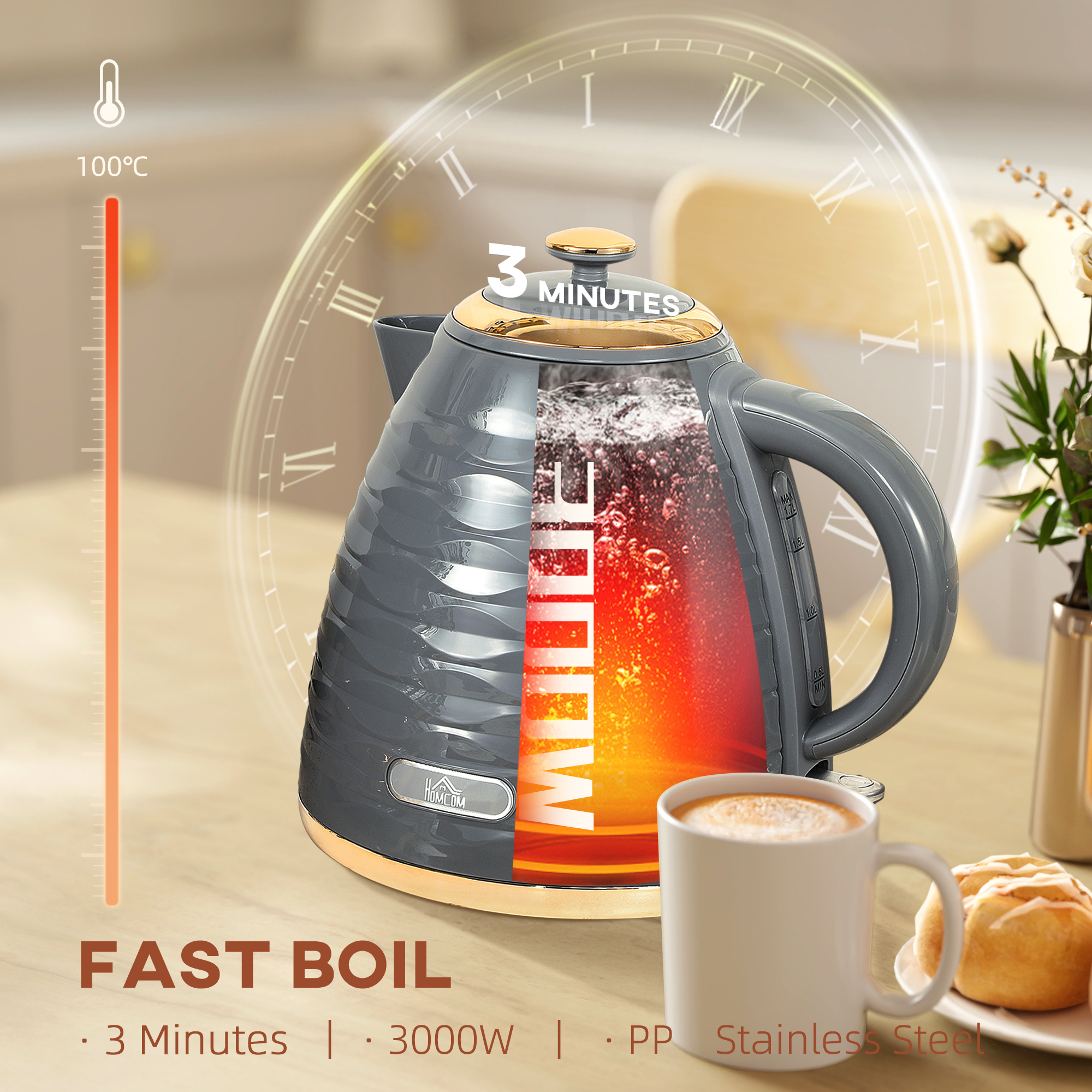 HOMCOM 3kW Rapid Boil Honeycomb Kettle Grey 5