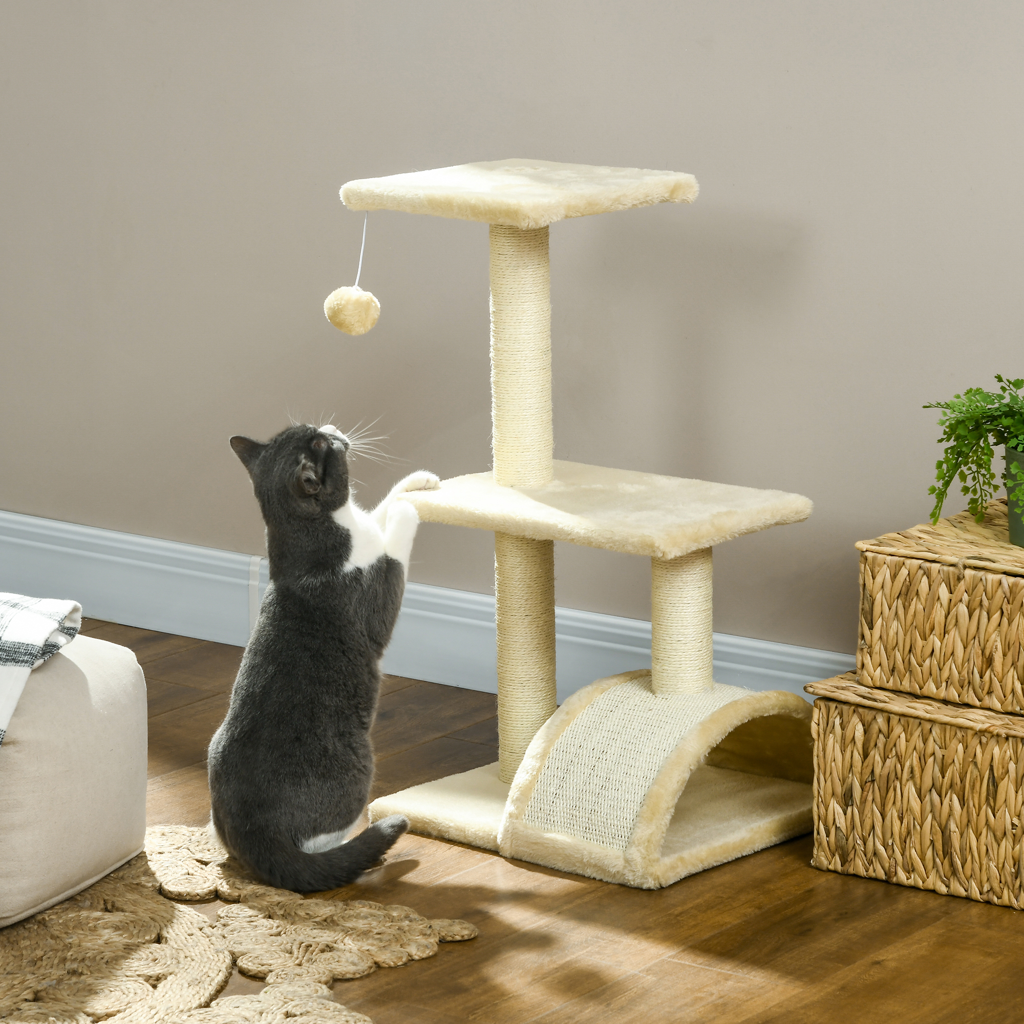 PawHut Kratzbaum 72 cm Katzenturm mit Plüschballen, Sisalstämme, Plattform, Kratzbrett mehrstöckiger Katzenkratzbaum, Kletterbaum, für mittelgroße Katzen, Cremeweiß   Aosom