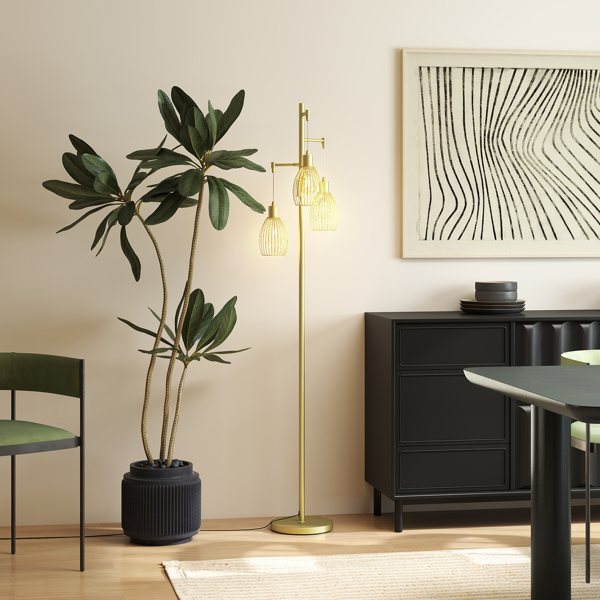 HOMCOM 3-Light Floor Lamp, 170cm Industrial Dimmable Standing Lamp with Steel Wire Cage Lampshades for Living Room, Bedroom, Dining Room, Study, Bulb Not Included, Gold Tone 8