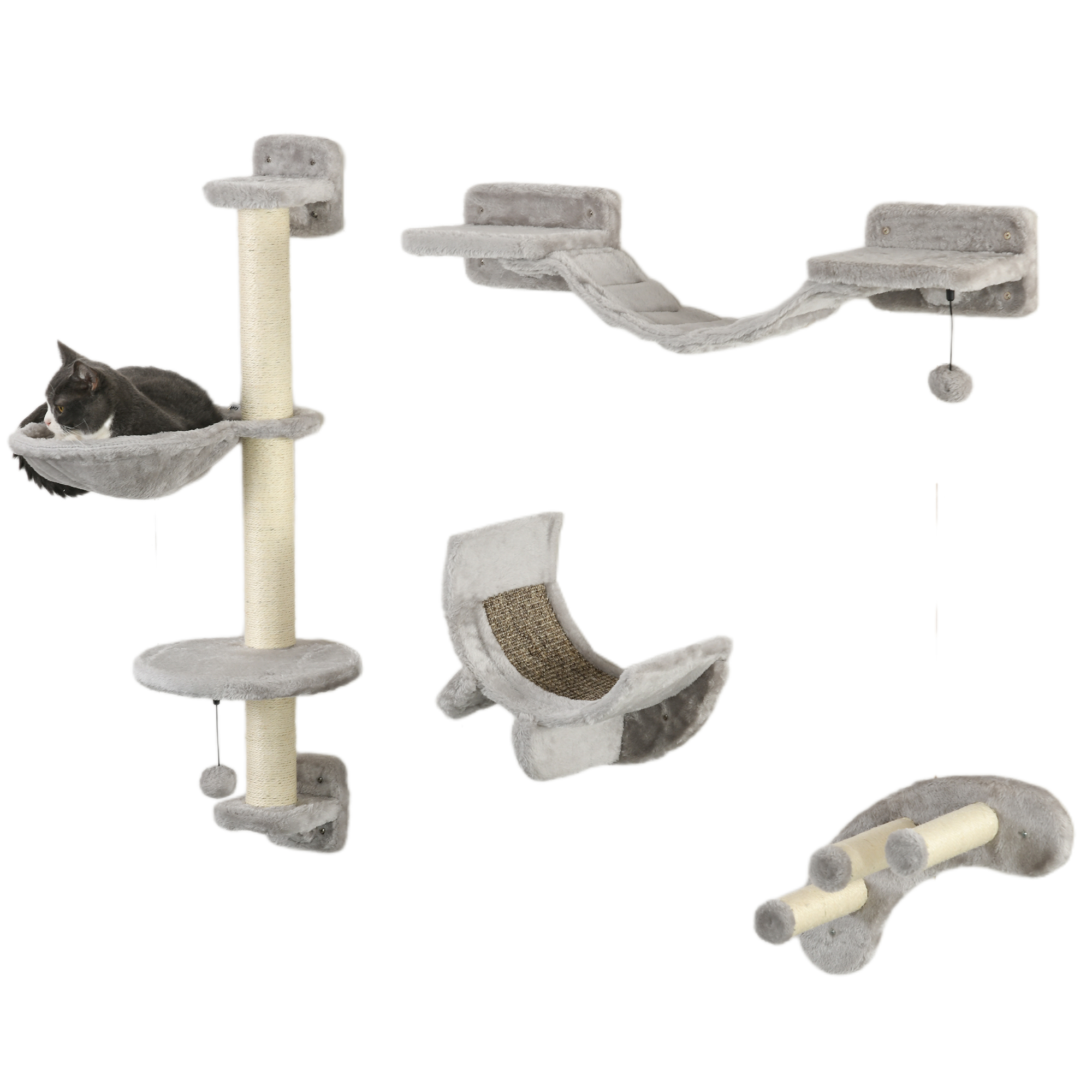PawHut Four-Piece Cat Wall Furniture, with Hammock, Ladder, Platforms, Steps, for Indoor Use - Dark Grey