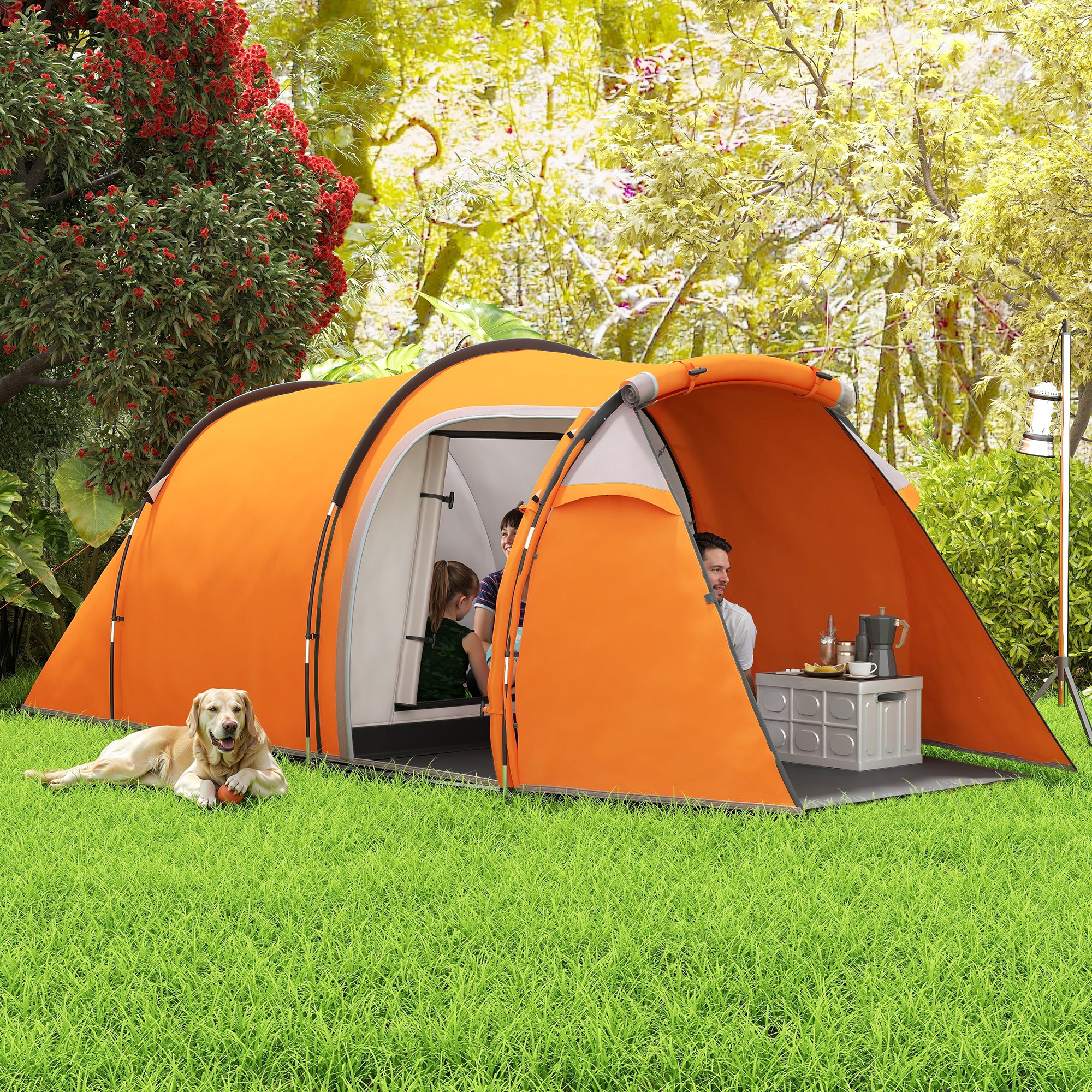 Outsunny 2-3 Man Tunnel Tents w/ Vestibule Camping Tent Porch Air Vents Weather-Resistant Shelter, Orange 2