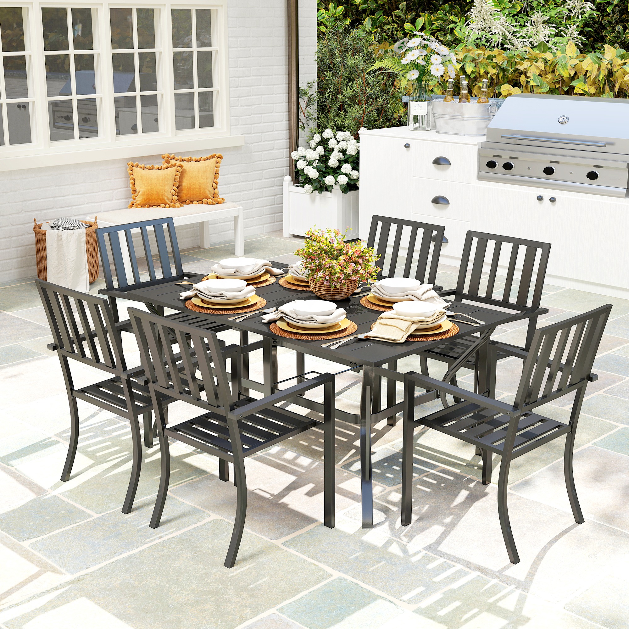 Outsunny 7 Pieces Garden Table and Chairs 6 Seater Outdoor Table and Chairs with Umbrella Hole, for Poolside, Garden, Black 2