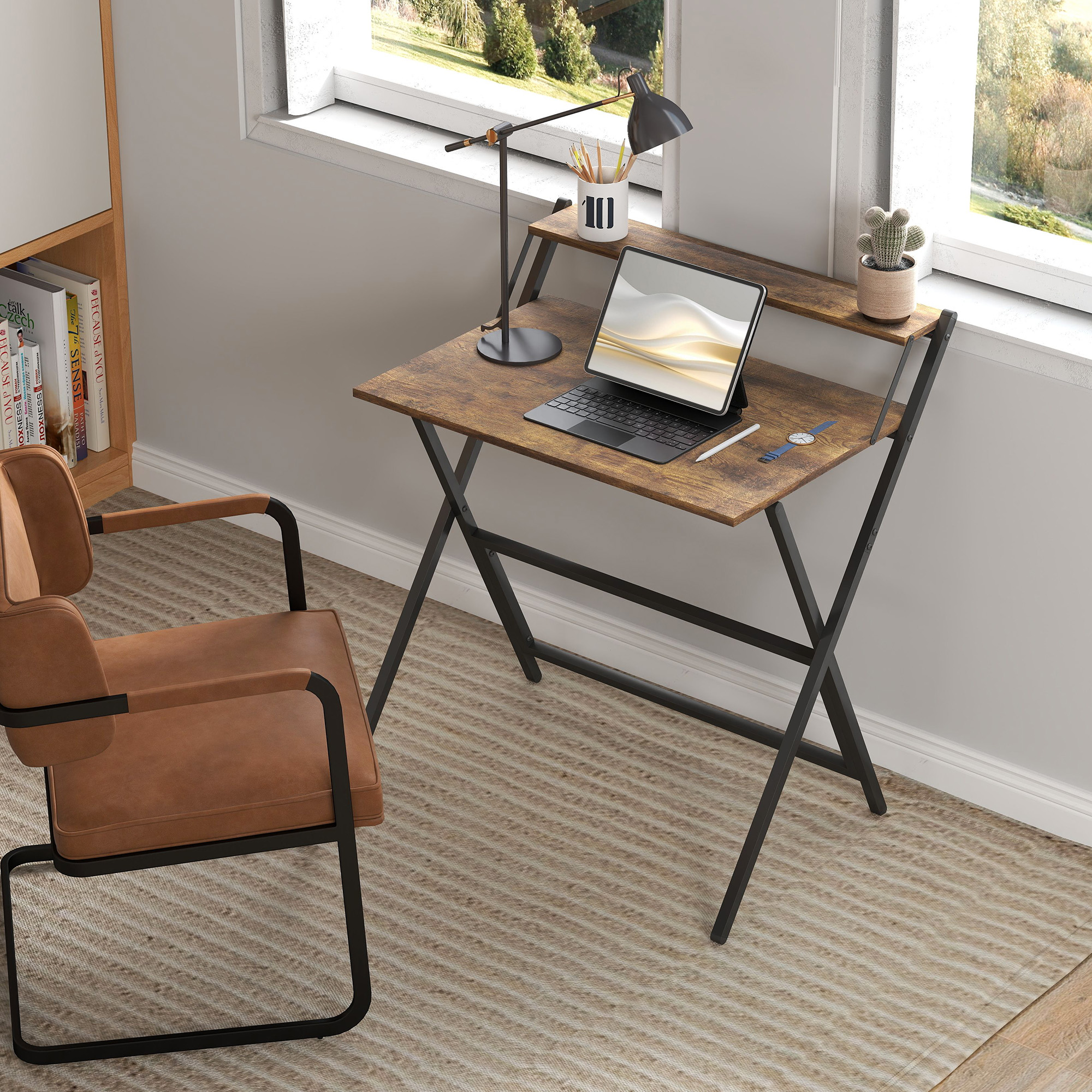 HOMCOM 81.5 cm Folding Computer Desk with Monitor Shelf Rustic Brown 7