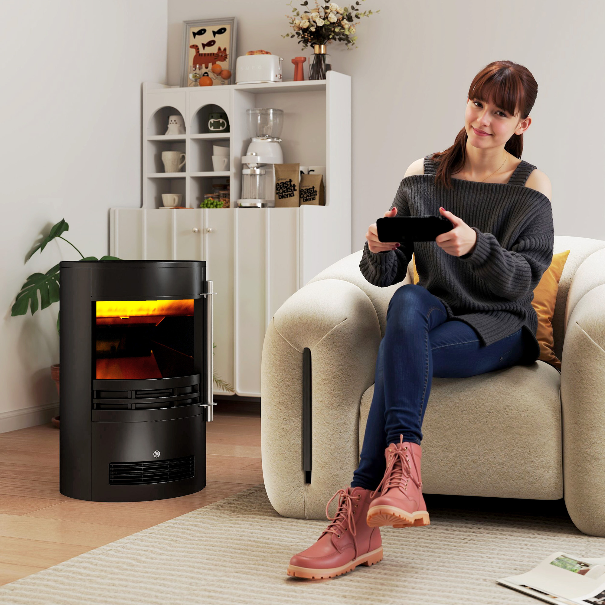 HOMCOM 1000W/2000W Freestanding Electric Fireplace, Indoor Heater Fire Stove with Log Burner Effect Flame, Thermostat Control 2