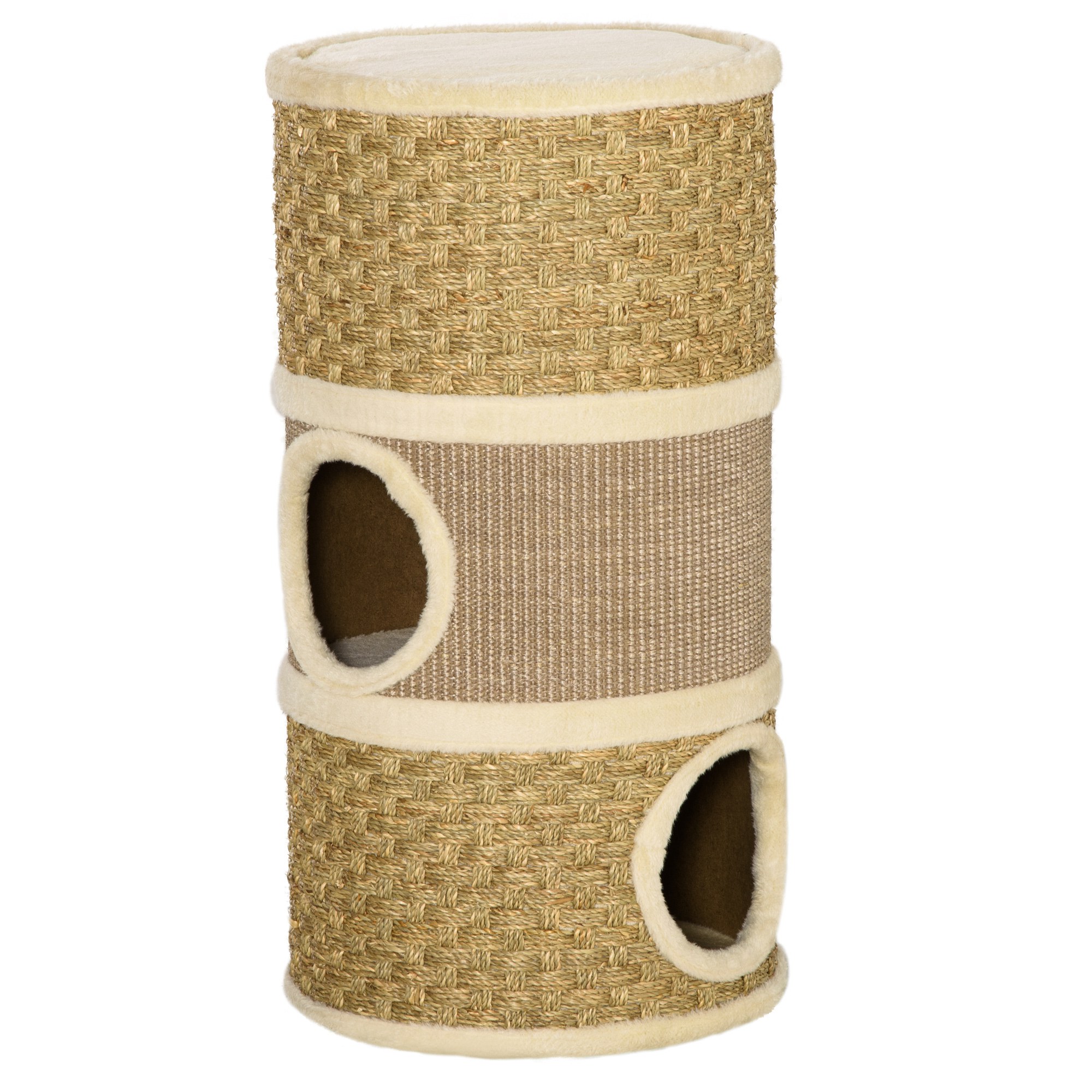 PawHut Arranhador em Forma de Cilindro para Gatos com 3 Níveis Plataforma e Caverna Confortável 37,5x37,5x70 cm Marrom Claro e Bege