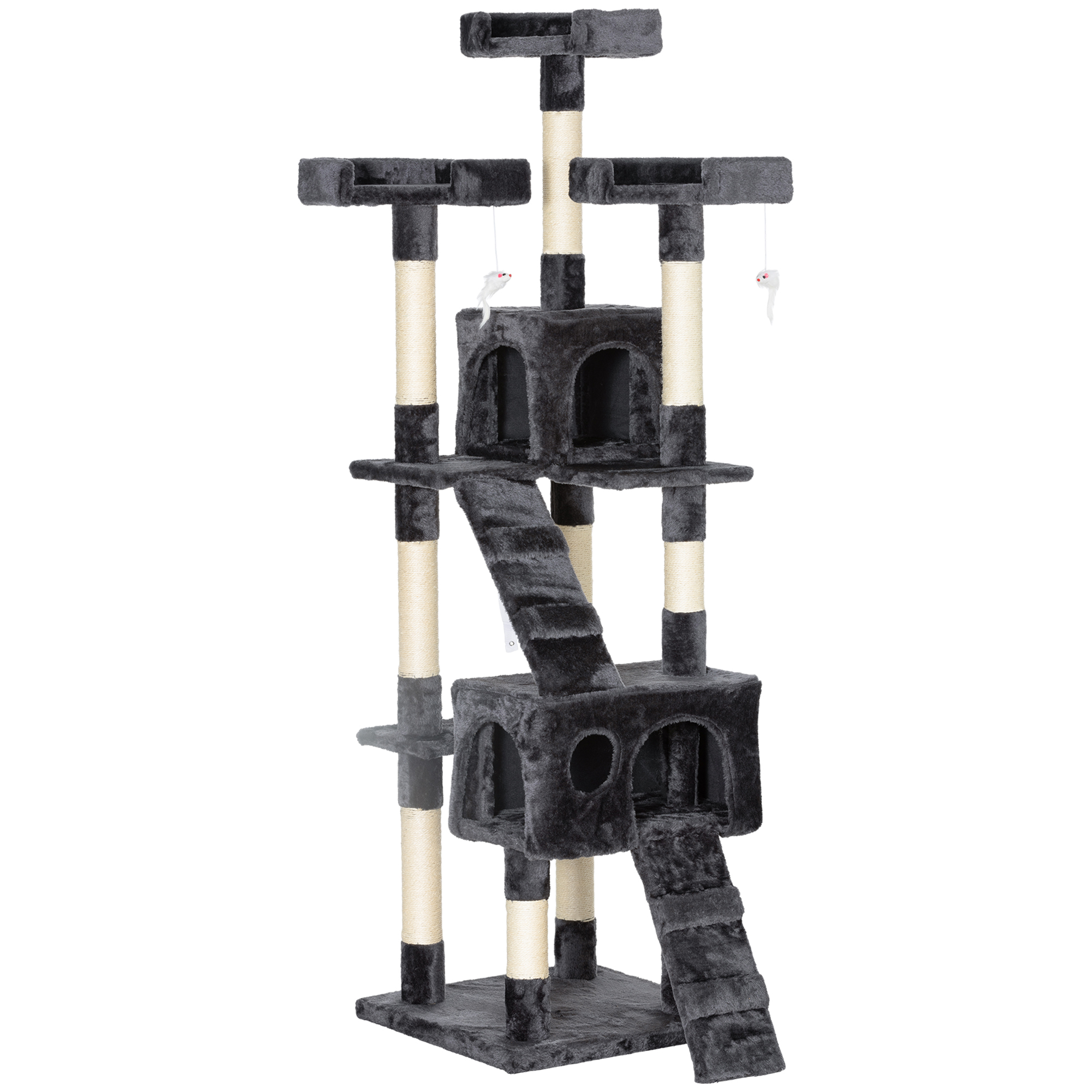 PawHut Arranhador para Gatos Grande 49x49x173 cm com Múltiplos Níveis Cavernas e Brinquedos Suspensos Cinza