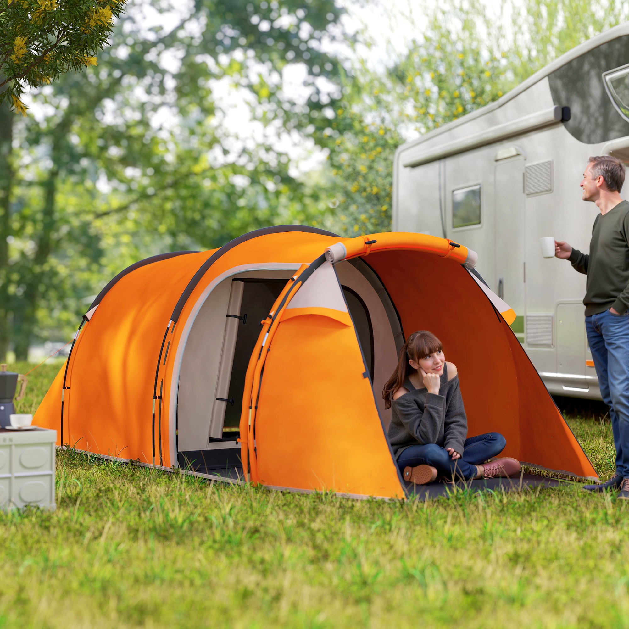 Outsunny 2-3 Man Tunnel Tents w/ Vestibule Camping Tent Porch Air Vents Weather-Resistant Shelter, Orange 8