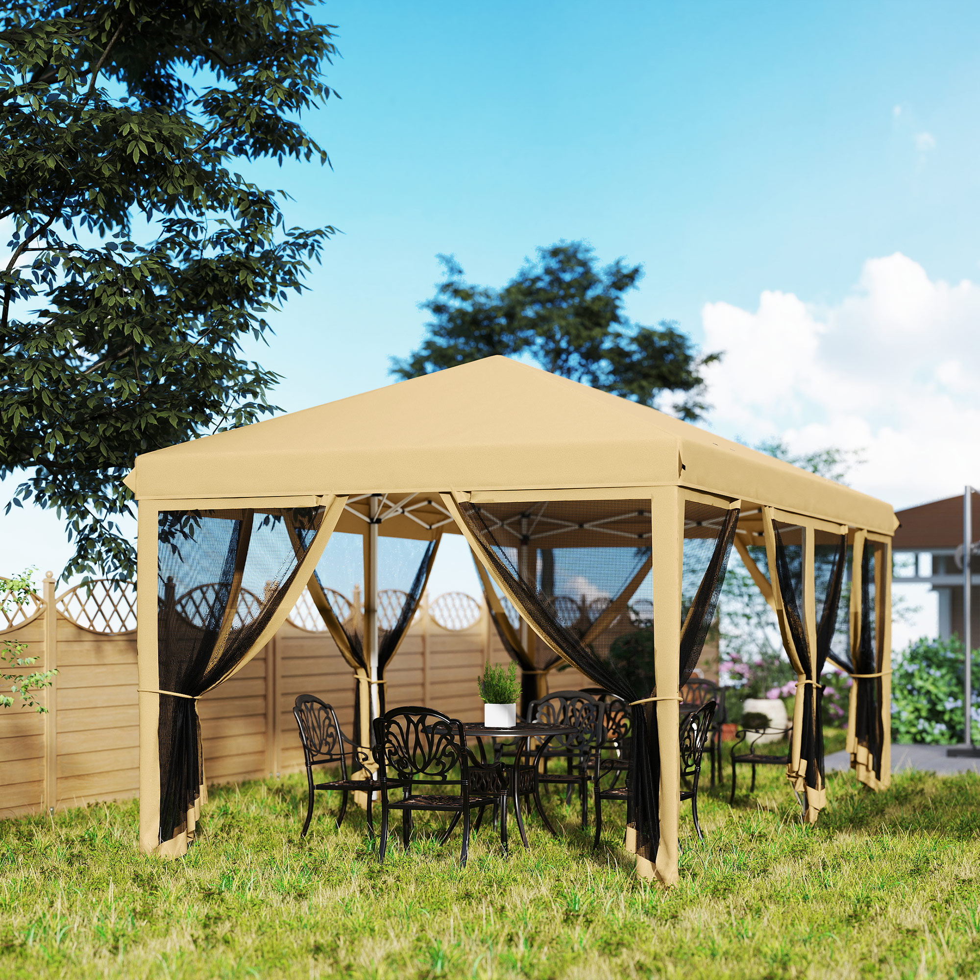 Outsunny 3 x 6m Pop Up Gazebo, Outdoor Canopy Shelter, Marquee Party Wedding Tent with 6 Mesh Walls and Carry Bag, Beige 8