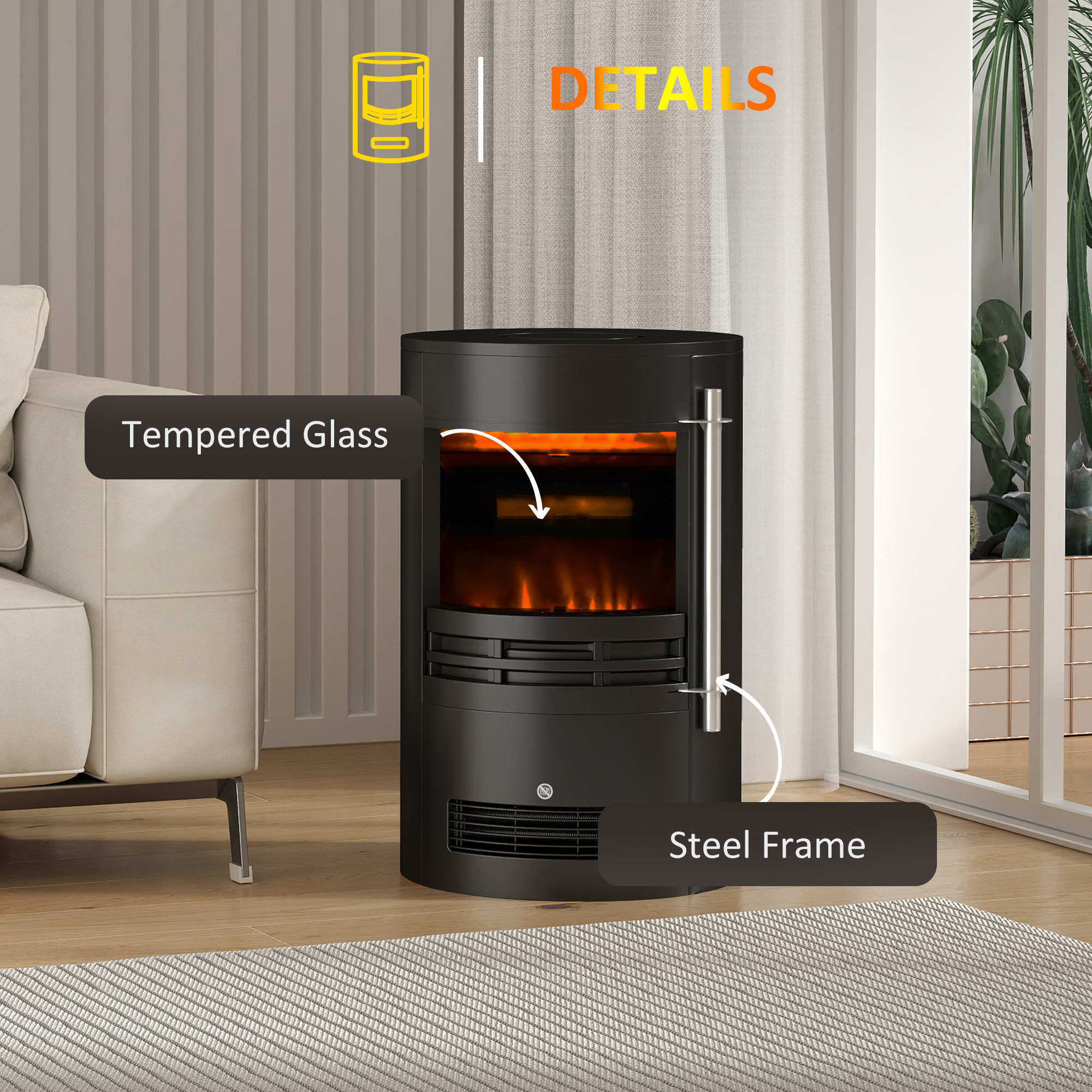 HOMCOM 1000W/2000W Freestanding Electric Fireplace, Indoor Heater Fire Stove with Log Burner Effect Flame, Thermostat Control 7