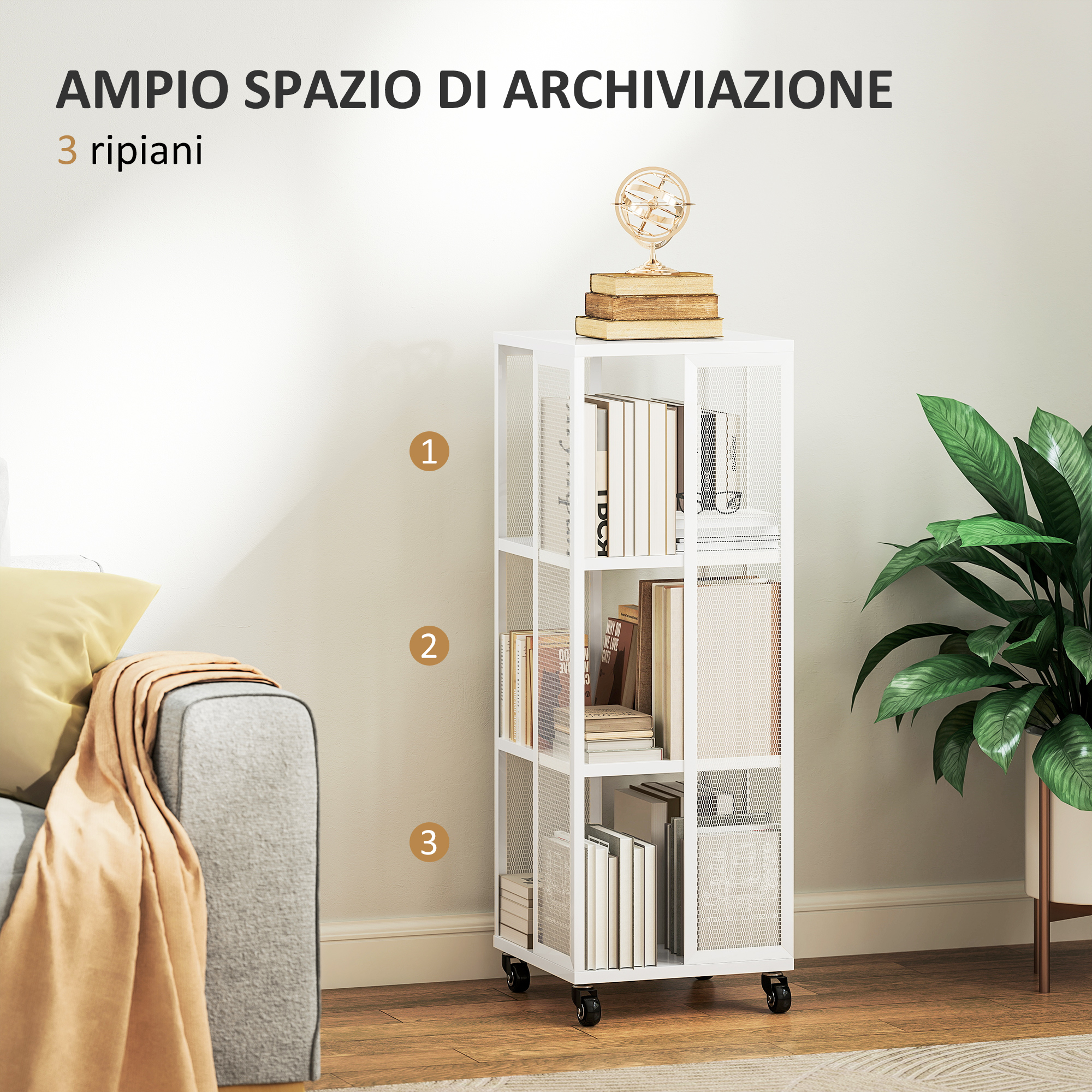 Libreria A 3 Ripiani In Metallo Industriale Con Ruote, Espositore Per Libri E Riviste, Carrello Portariviste Da Divano, Capacità 50 Kg - 2