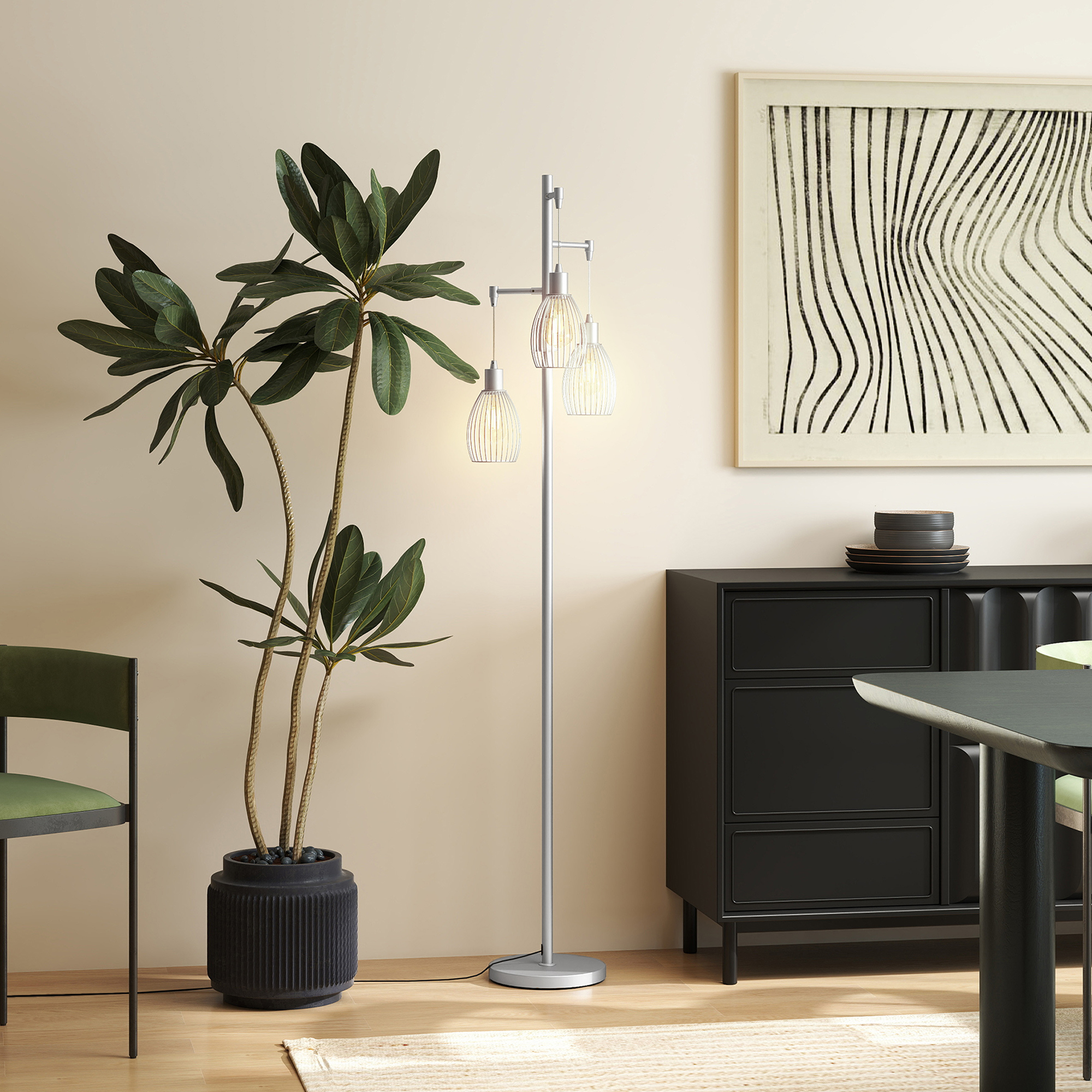 HOMCOM 3-Light Floor Lamp, 170cm Industrial Dimmable Standing Lamp with Steel Wire Cage Lampshades for Living Room, Bedroom, Dining Room, Study, Bulb Not Included, Silver Tone 8