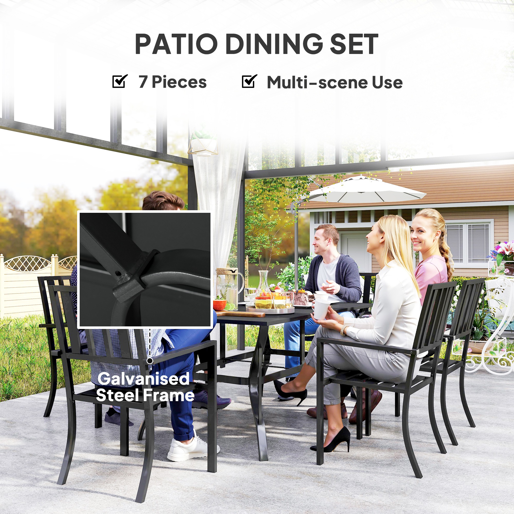 Outsunny 7 Pieces Garden Table and Chairs 6 Seater Outdoor Table and Chairs with Umbrella Hole, for Poolside, Garden, Black 6