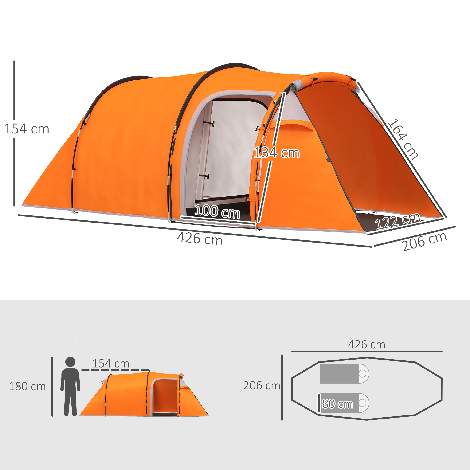 Outsunny 2-3 Man Tunnel Tents w/ Vestibule Camping Tent Porch Air Vents Weather-Resistant Shelter, Orange 3