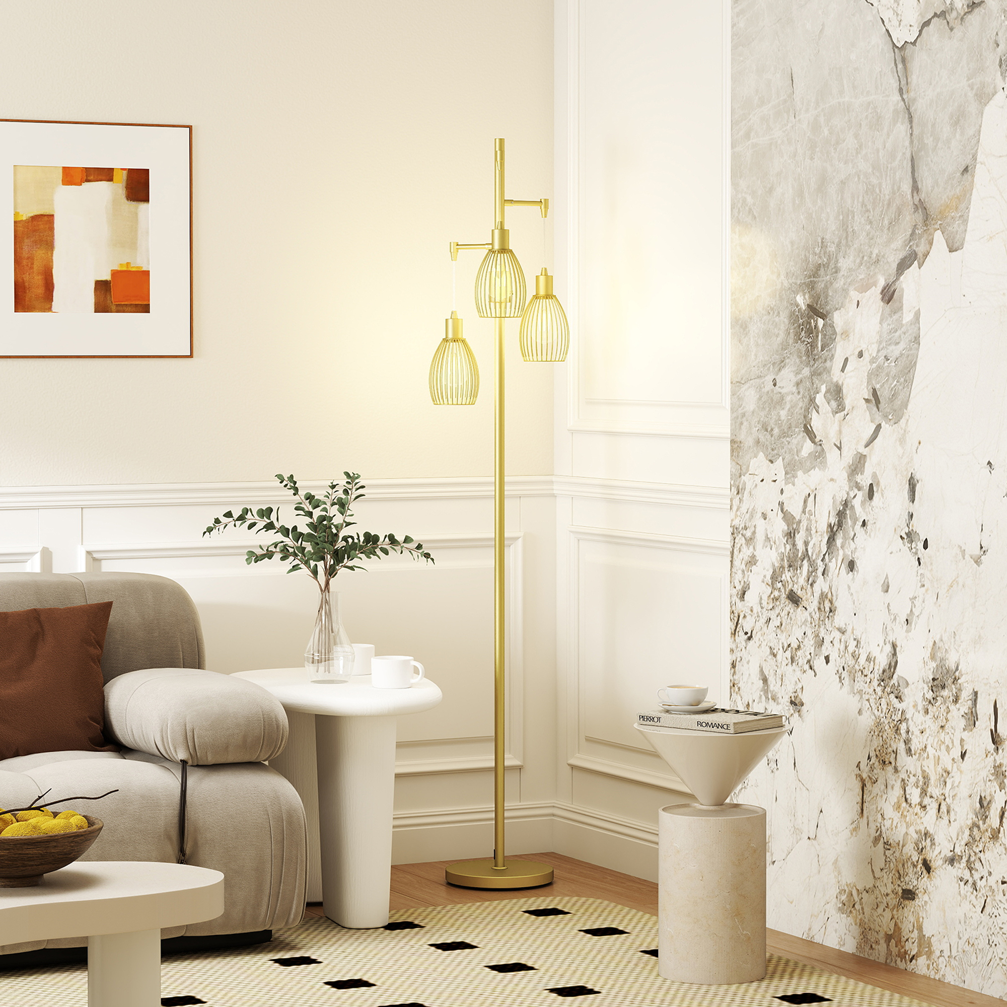 HOMCOM 3-Light Floor Lamp, 170cm Industrial Dimmable Standing Lamp with Steel Wire Cage Lampshades for Living Room, Bedroom, Dining Room, Study, Bulb Not Included, Gold Tone 2