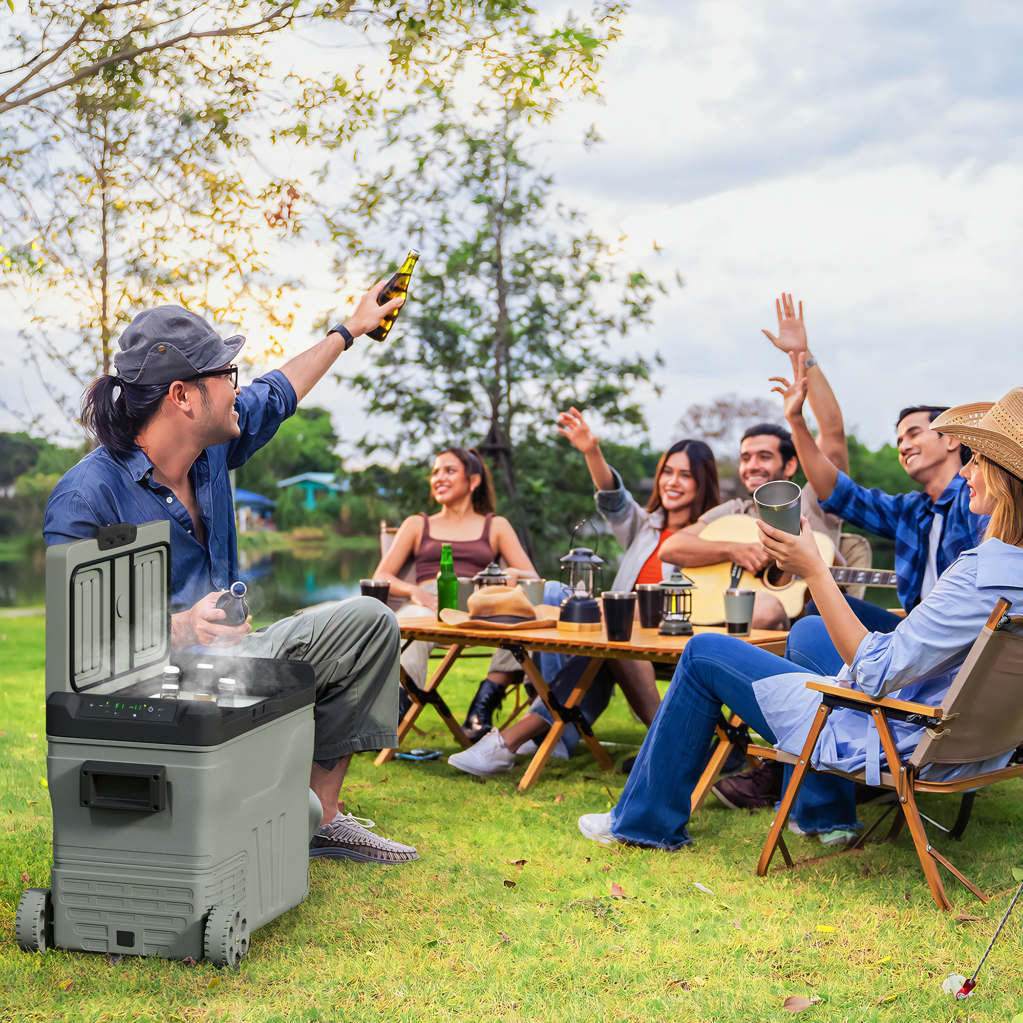 Outsunny 33L Camping Fridge Freezer Dual Zone, Portable Car Fridge 12V/24V DC & 100-240V AC, Electric Cool Box -20℃-20℃ with Wheels and LED Light, for Travel, RV, Road Trip, Picnic [Energy Class E]