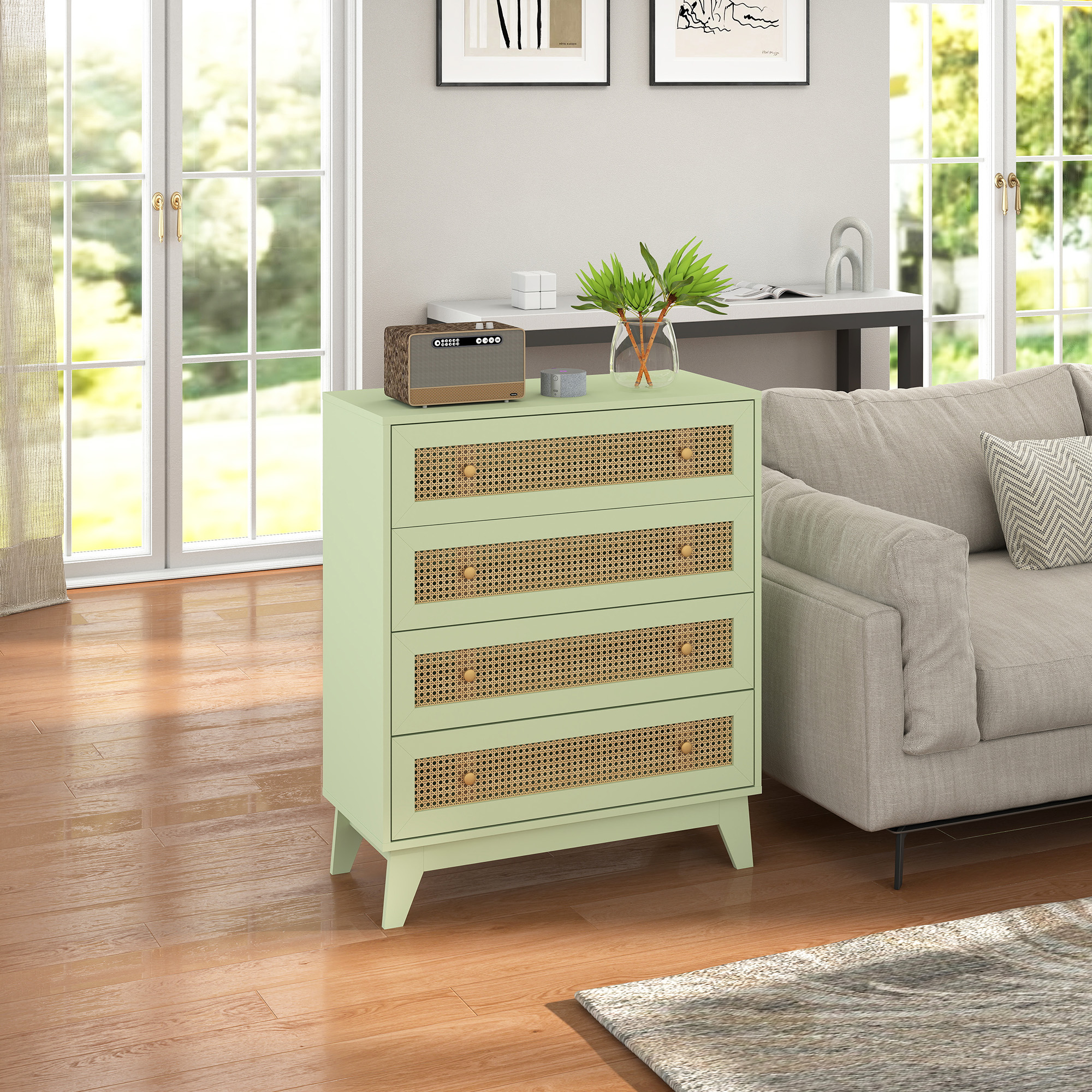 HOMCOM Chest of Drawers, 4-Drawer Storage Organiser Unit with Rattan Element for Bedroom, Living Room, Light Green 7