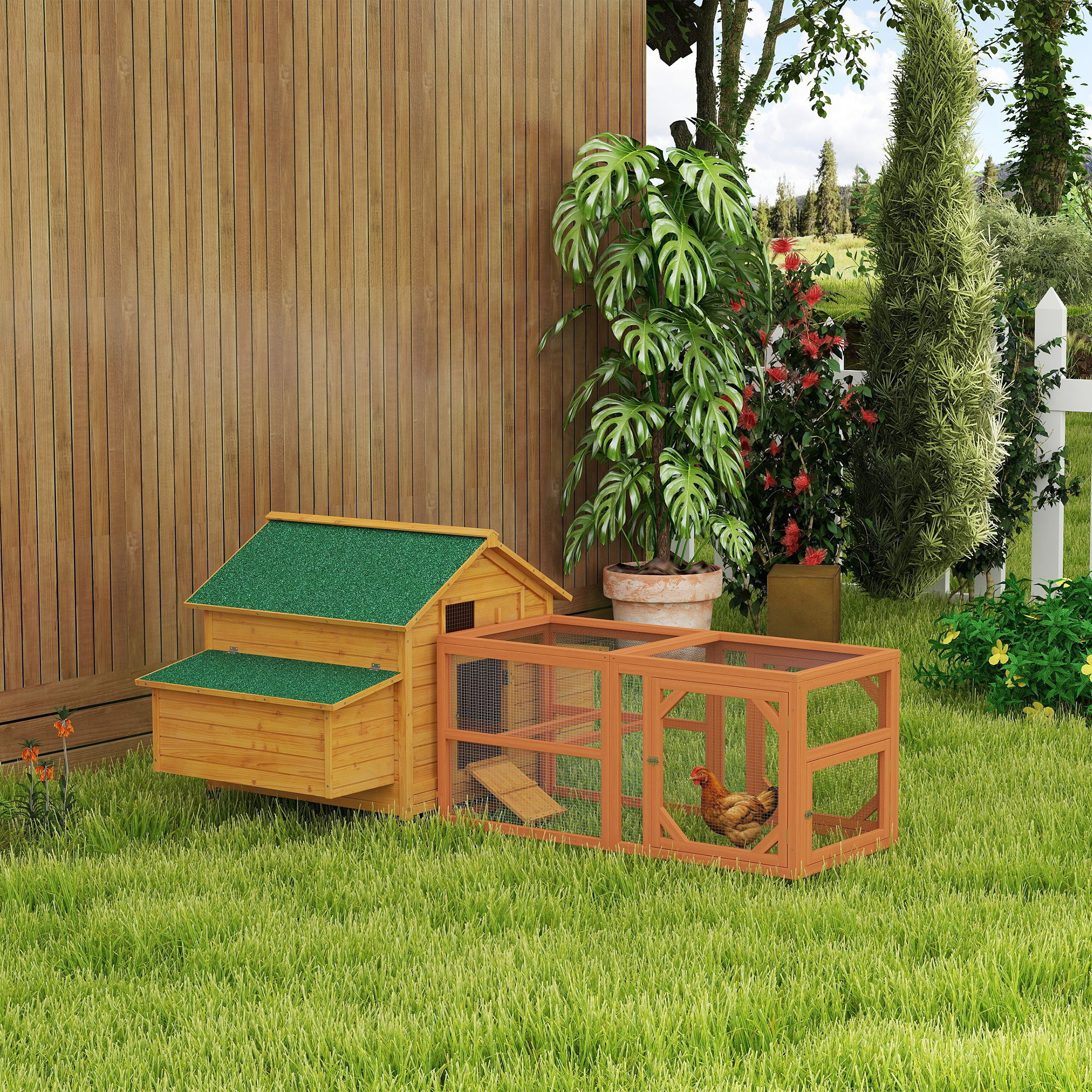 PawHut 2-Piece Wooden Chicken Coop and Run Set, Poultry Run Cage with Nesting Box, Slide-Out Tray, Roof, Perch