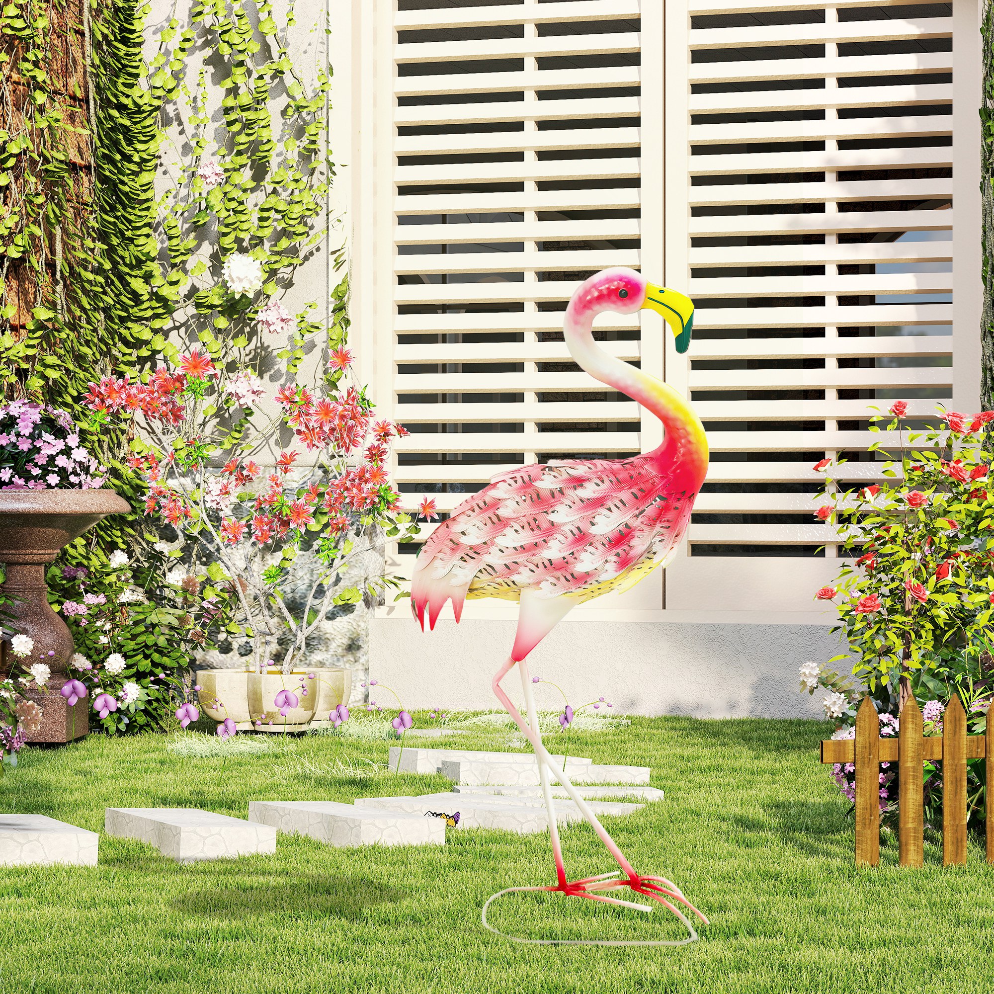 Outsunny Flamingo Garden Statue Ornament, Metal Bird Art Outdoor Statue, Standing Garden Sculpture Gift with Ground Stakes for Pond Landscape Decoration, Pink 9