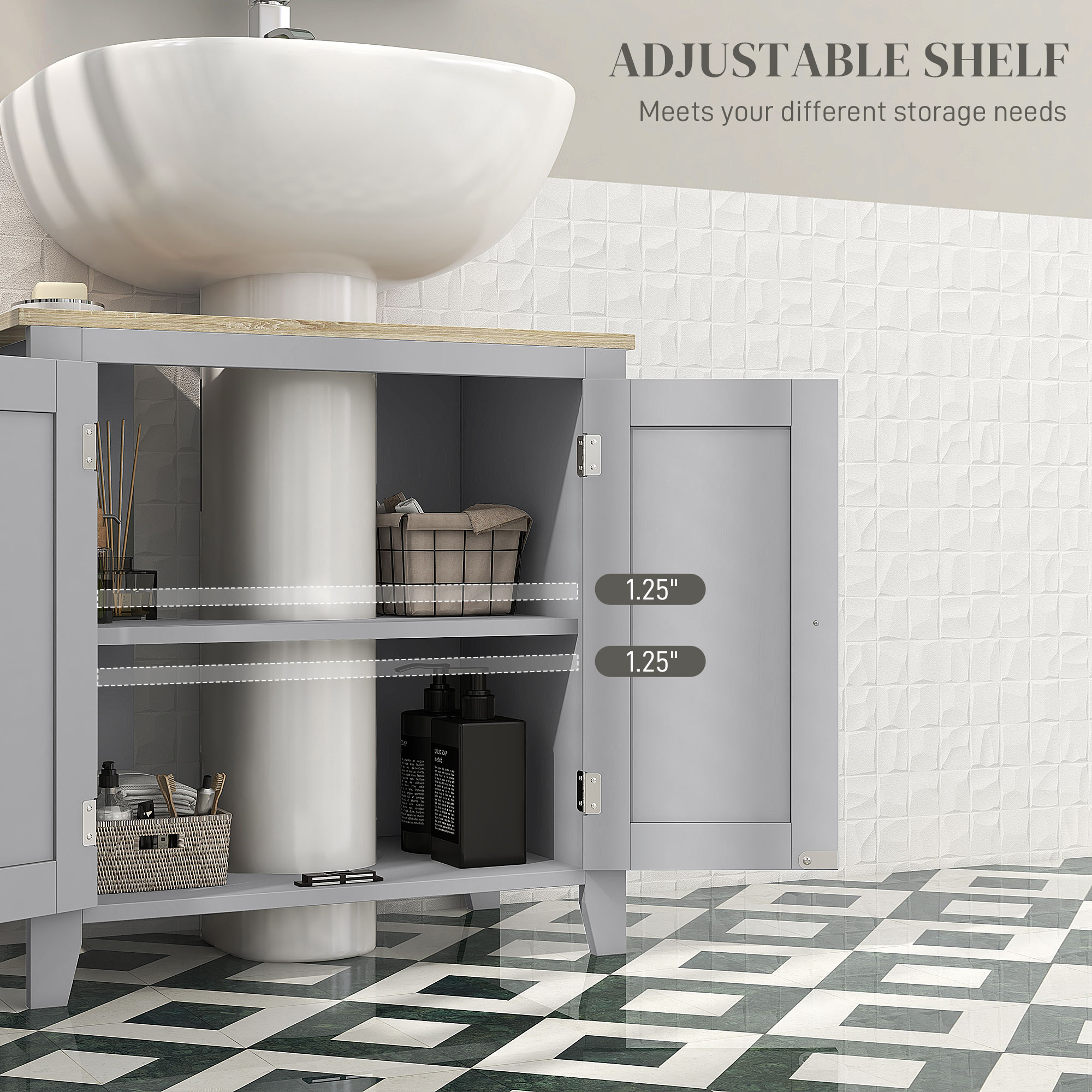 kleankin Under Sink Cabinet, Bathroom Sink Cabinet with 2 Doors, Pedestal Under Sink Design, Freestanding Bathroom Cupboard with Adjustable Shelf, Grey 5