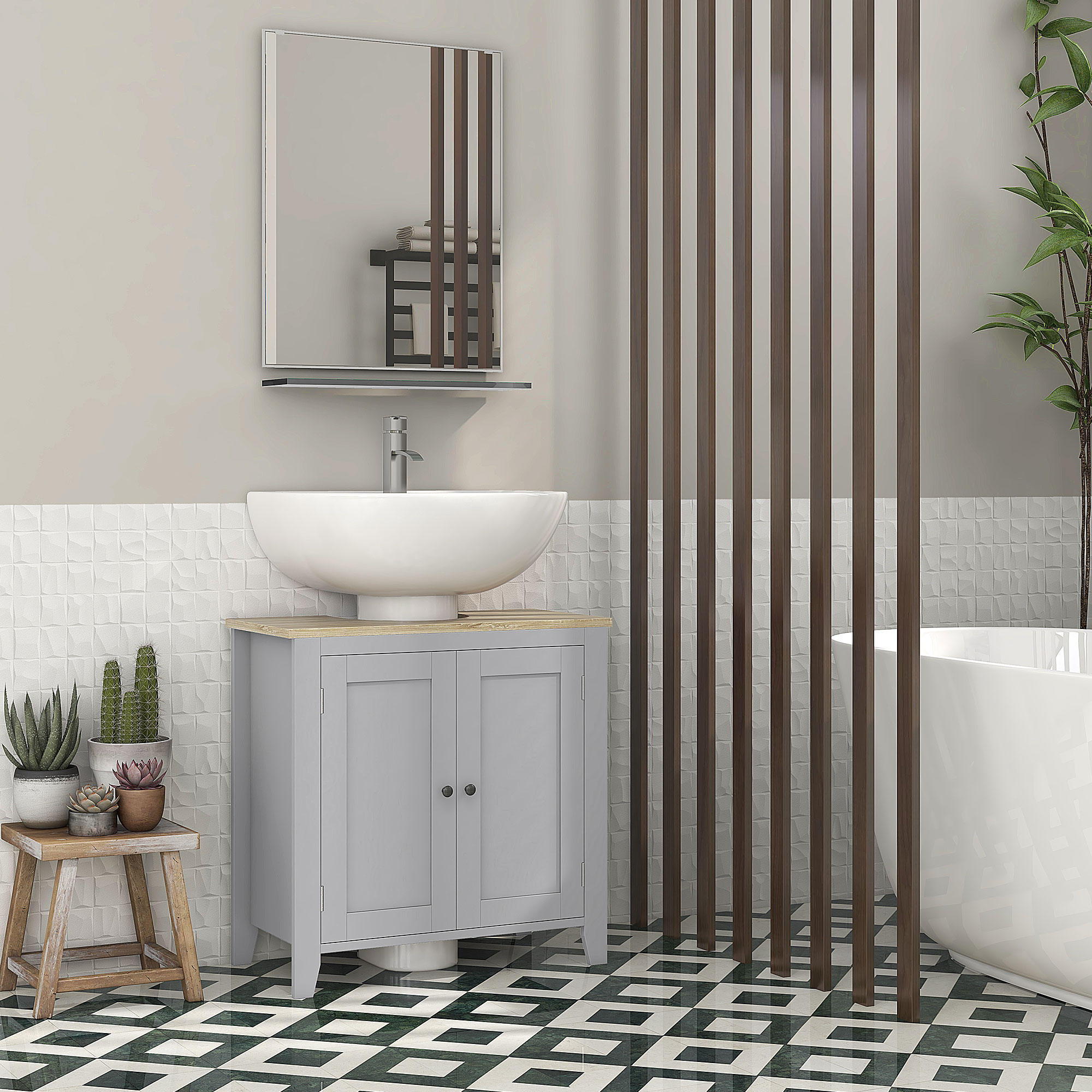 kleankin Under Sink Cabinet, Bathroom Sink Cabinet with 2 Doors, Pedestal Under Sink Design, Freestanding Bathroom Cupboard with Adjustable Shelf, Grey 2