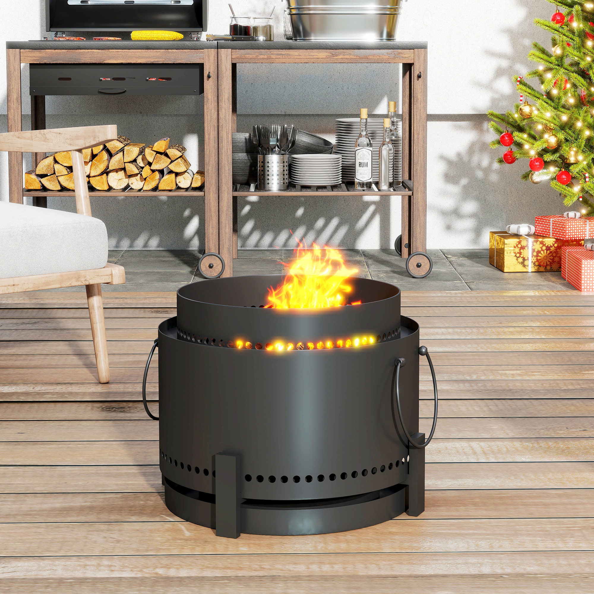 Outsunny Smokeless Fire Pit with Ash Catcher, 37cm Portable Wood Burning Firepit with Poker for Garden Camping Bonfire Party, Metal, Dark Grey 8