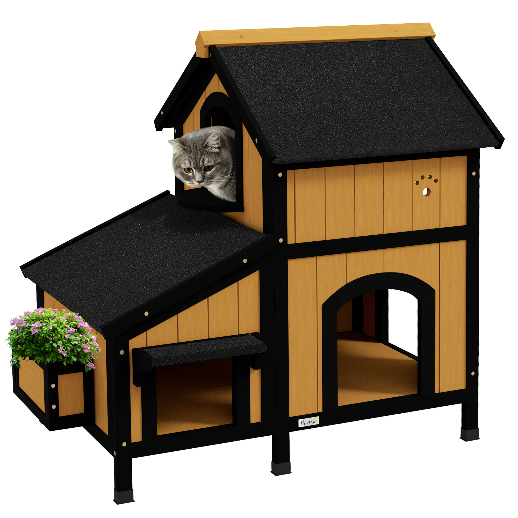 PawHut Wooden Cat House with Flower Pot, Windows, Multiple Entrances, Water-Resistant Roof for Outdoor - Grey