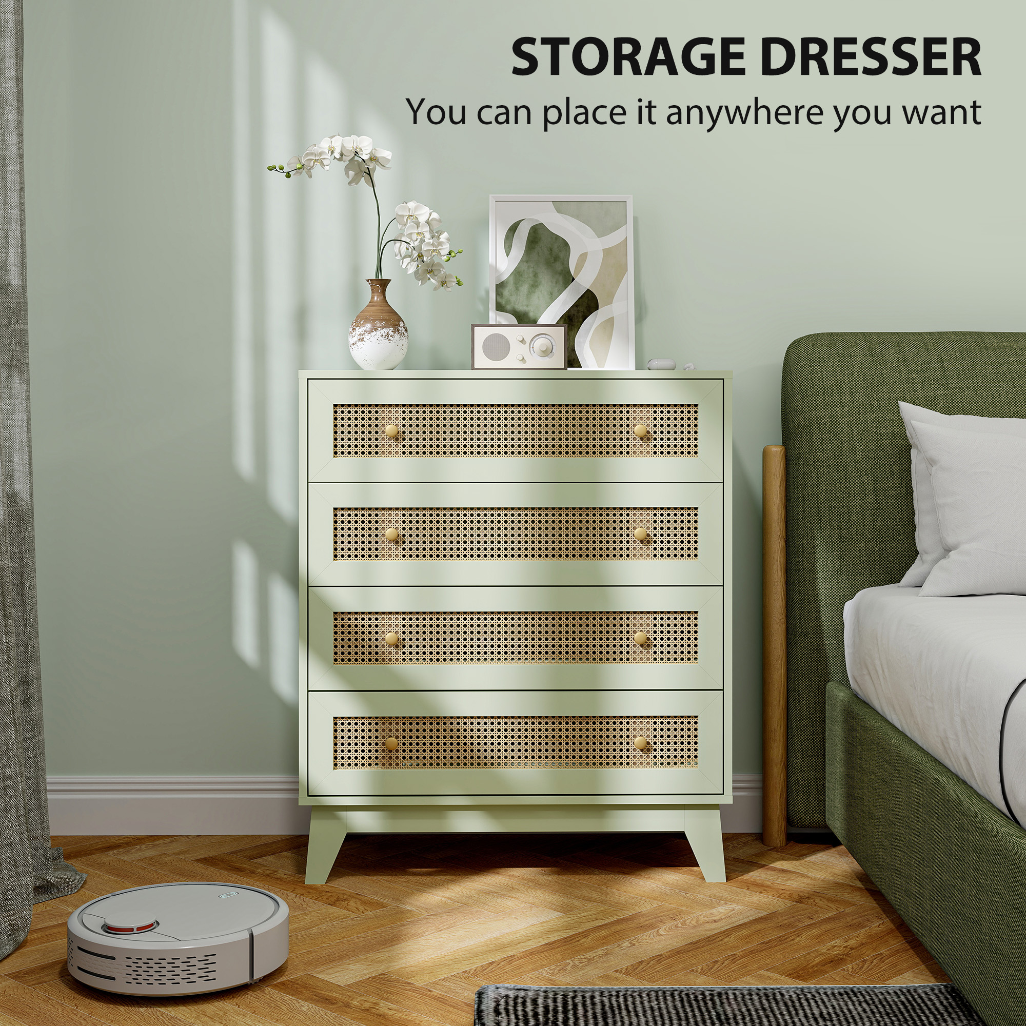 HOMCOM Chest of Drawers, 4-Drawer Storage Organiser Unit with Rattan Element for Bedroom, Living Room, Light Green 4