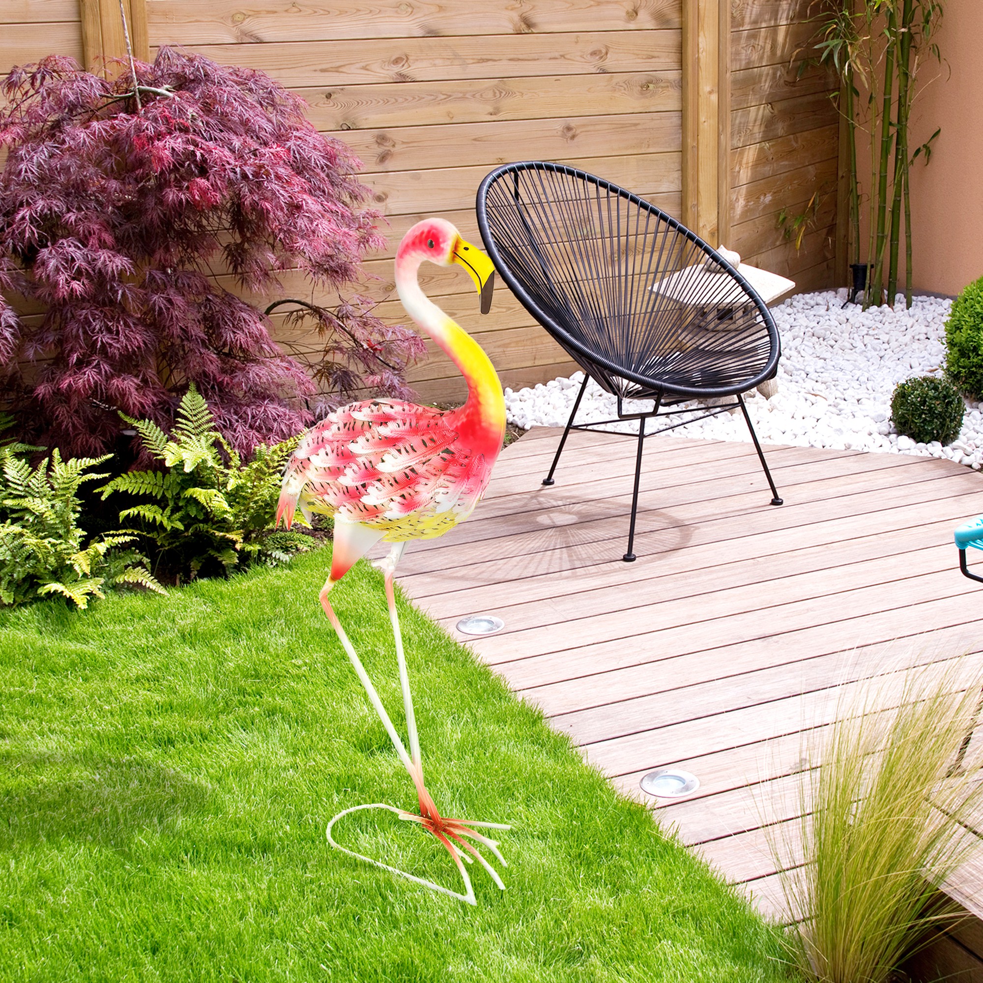 Outsunny Flamingo Garden Statue Ornament, Metal Bird Art Outdoor Statue, Standing Garden Sculpture Gift with Ground Stakes for Pond Landscape Decoration, Pink 7