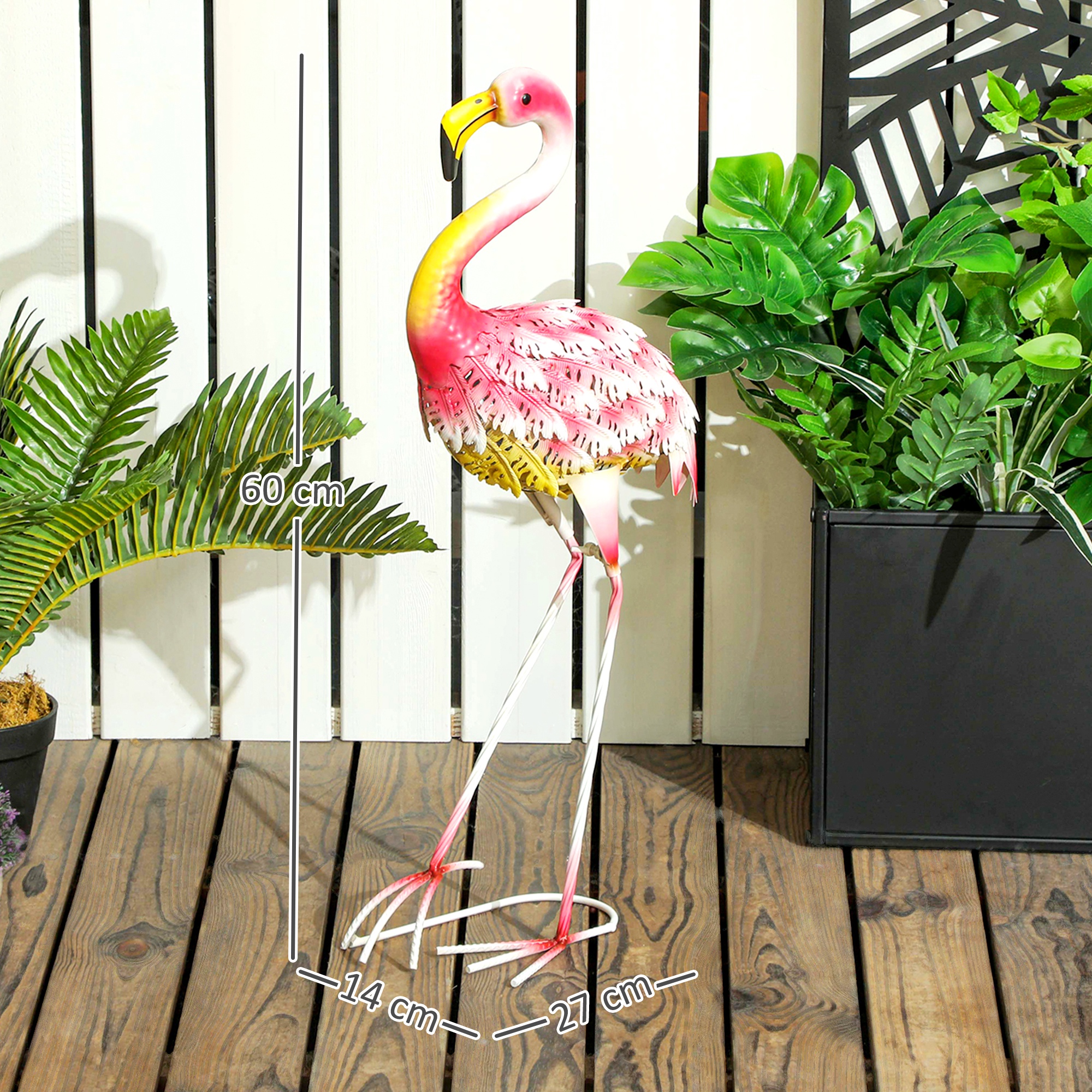 Outsunny Flamingo Garden Statue Ornament, Metal Bird Art Outdoor Statue, Standing Garden Sculpture Gift with Ground Stakes for Pond Landscape Decoration, Pink 3