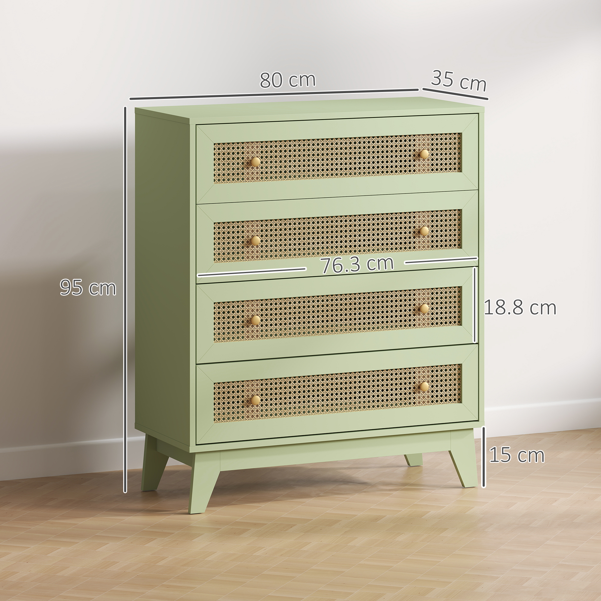 HOMCOM Chest of Drawers, 4-Drawer Storage Organiser Unit with Rattan Element for Bedroom, Living Room, Light Green 3