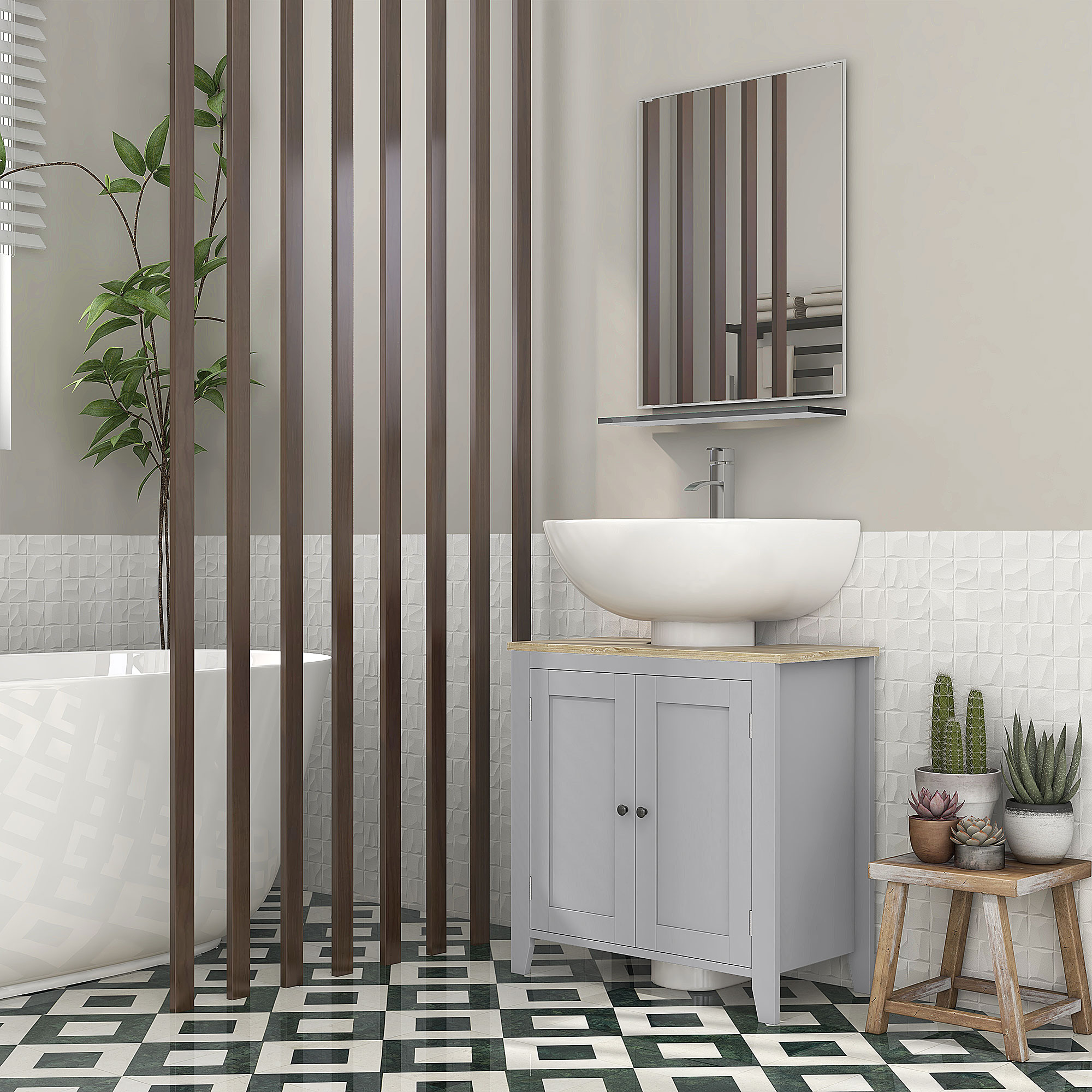 kleankin Under Sink Cabinet, Bathroom Sink Cabinet with 2 Doors, Pedestal Under Sink Design, Freestanding Bathroom Cupboard with Adjustable Shelf, Grey 8